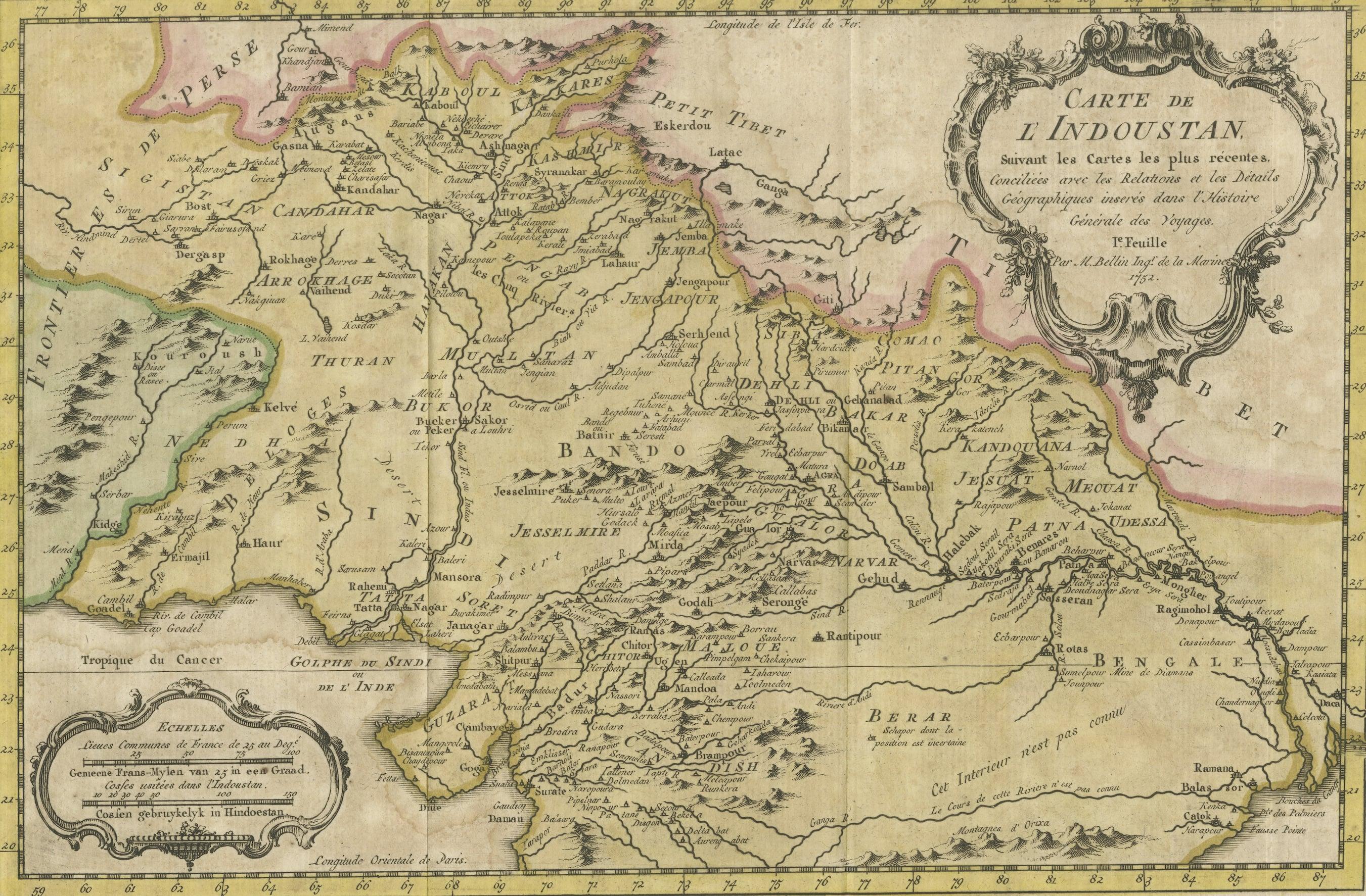 Antique map titled 'Carte de l'Indoustan (..) - Kaart van Hindoestan (..)'. Original antique map of northern India. This map originates from 'Historische beschryving der reizen, of Nieuwe en volkoome verzameling van de aller-waardigste en