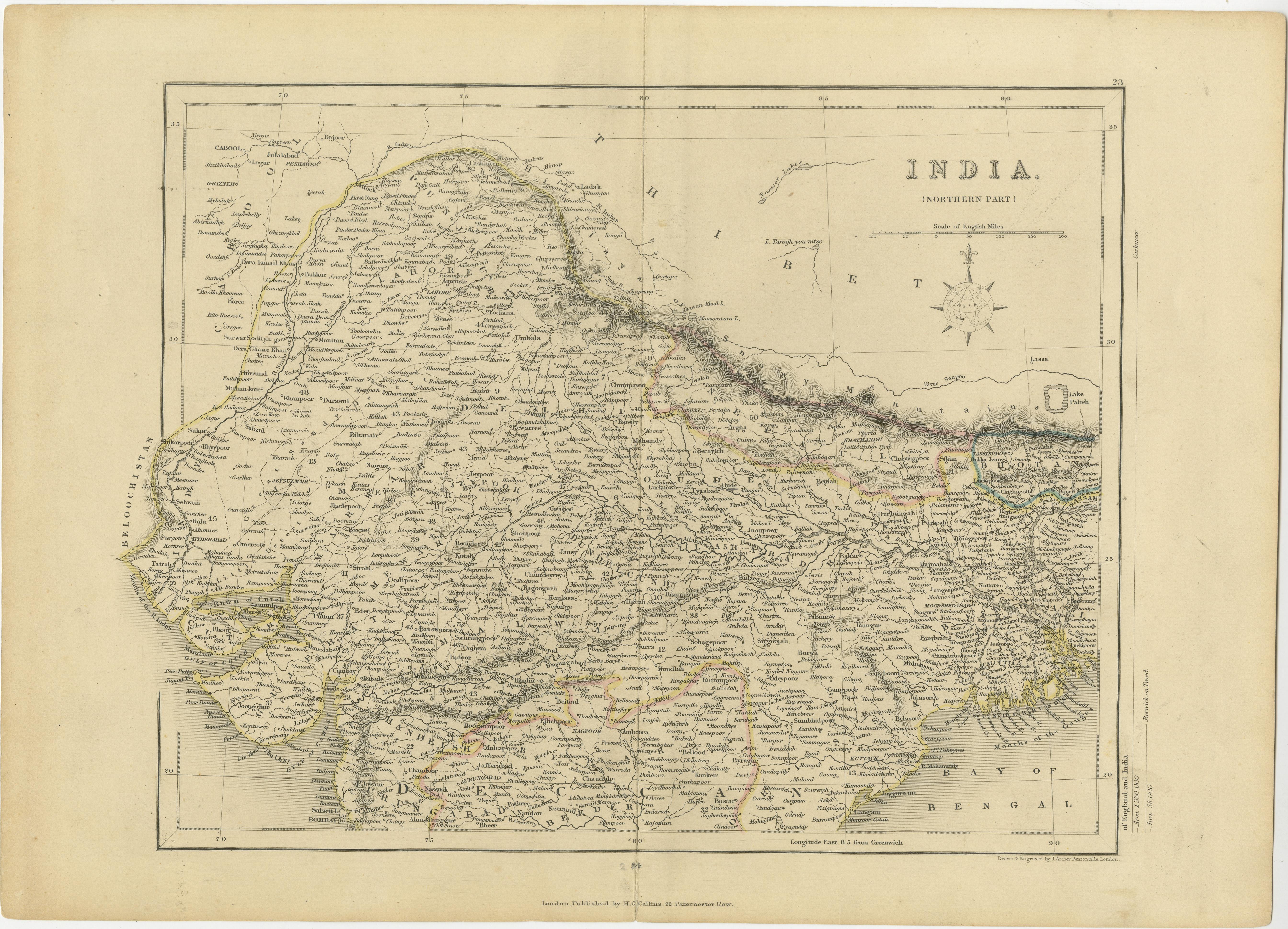 Antique map titled 'India. Northern Part'. Original antique map of Northern India. Drawn and engraved by J. Archer. Publishes by H.G. Collins, circa 1850. 