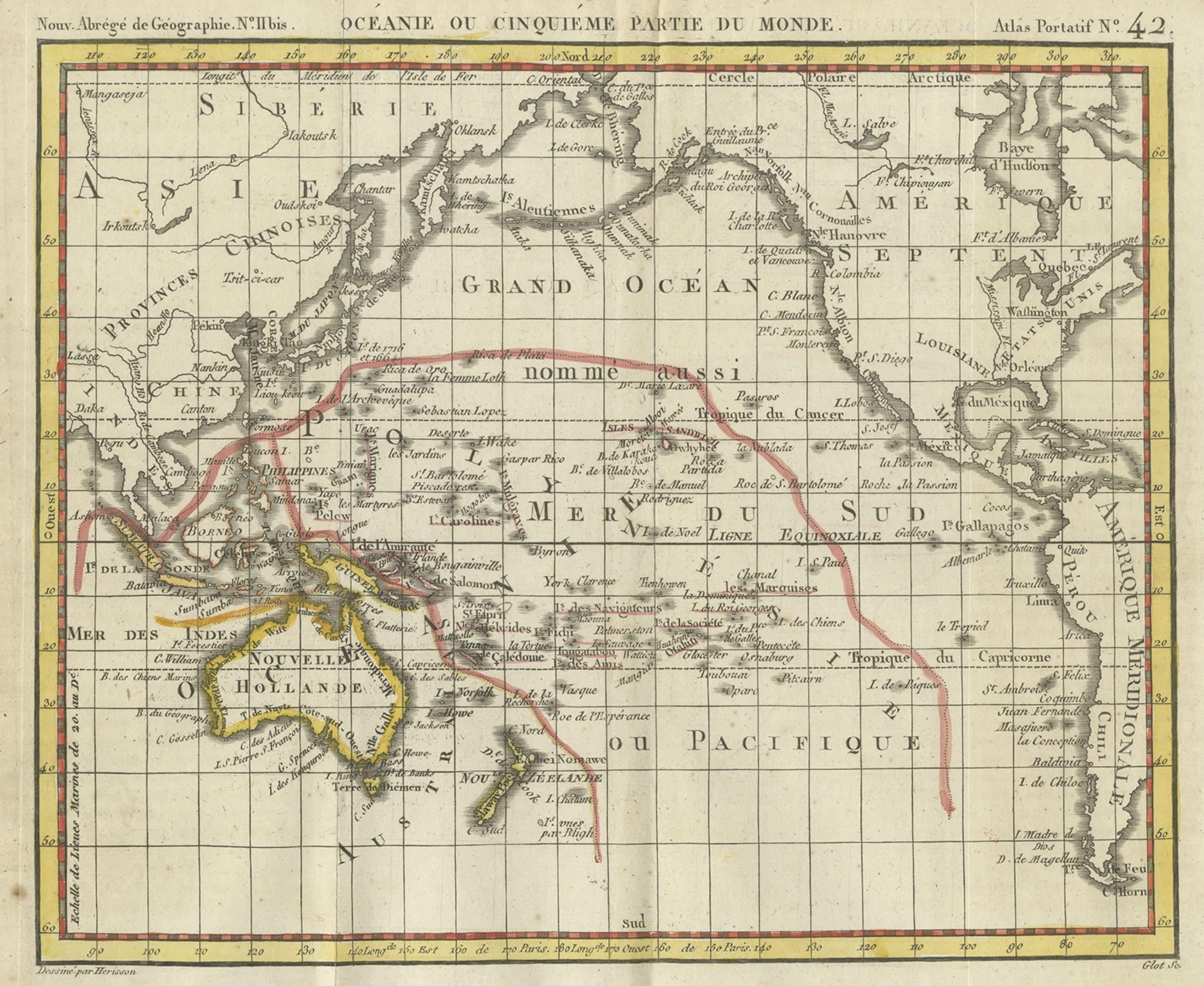Antique map titled ‘Océanie ou cinquième partie du monde‘. 

This is an original antique map of Oceania, the 5th continent, by Herisson taken from atlas 
