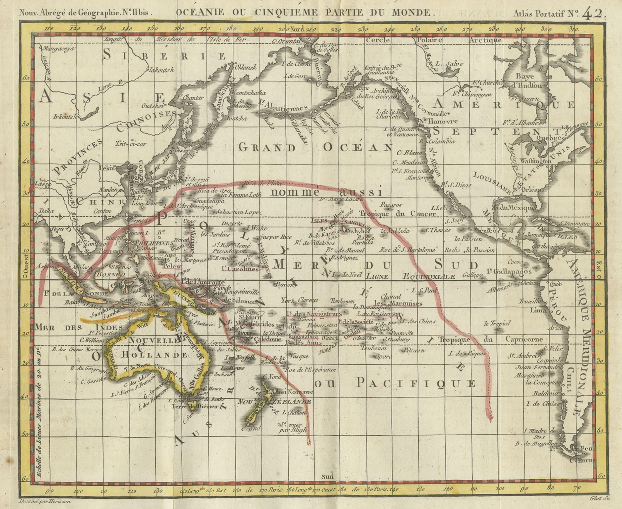 Antike Karte mit dem Titel 'Océanie ou cinquième partie du monde'. 

Dies ist eine original antike Karte von Ozeanien, dem 5. Kontinent, von Herisson aus dem Atlas 