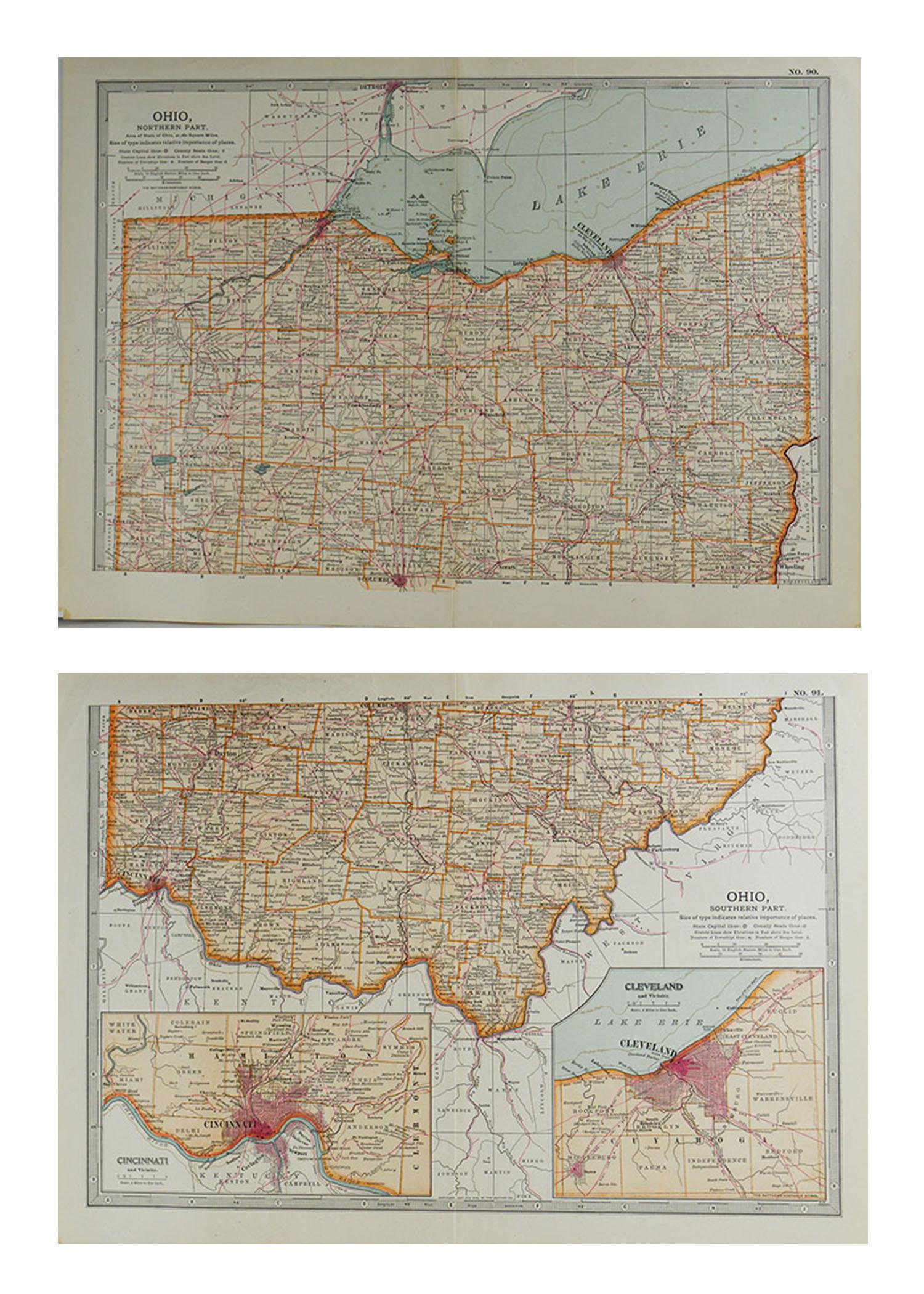 Great map of Ohio (in 2 parts)

Original color.

Published, circa 1890

Repairs to few minor edge tears

The measurement given below is for one sheet

Unframed.
 