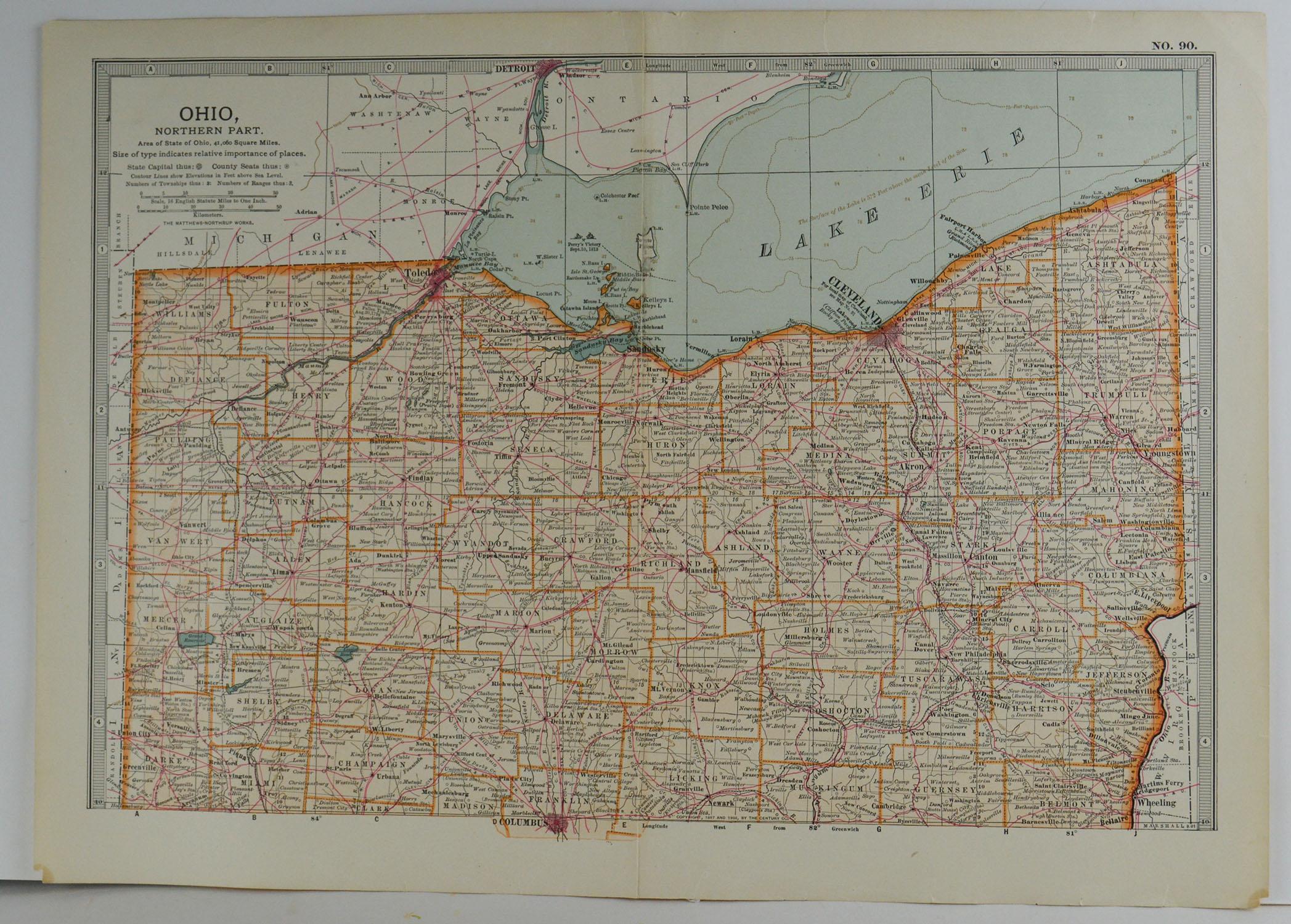 Other Original Antique Map of Ohio, circa 1890