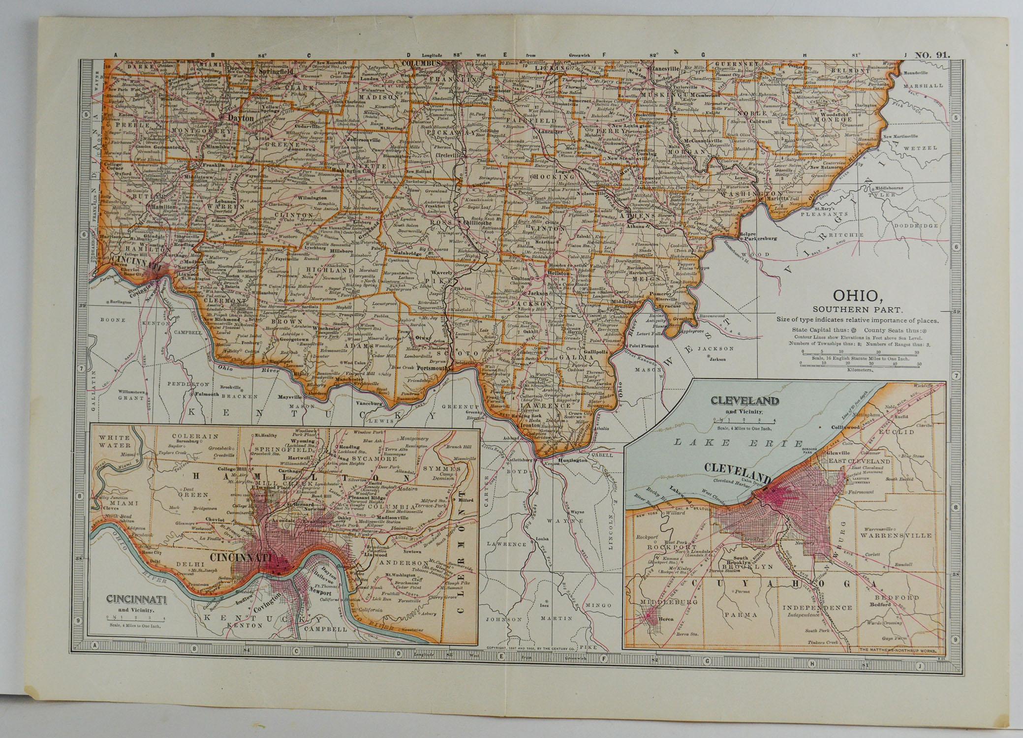 English Original Antique Map of Ohio, circa 1890