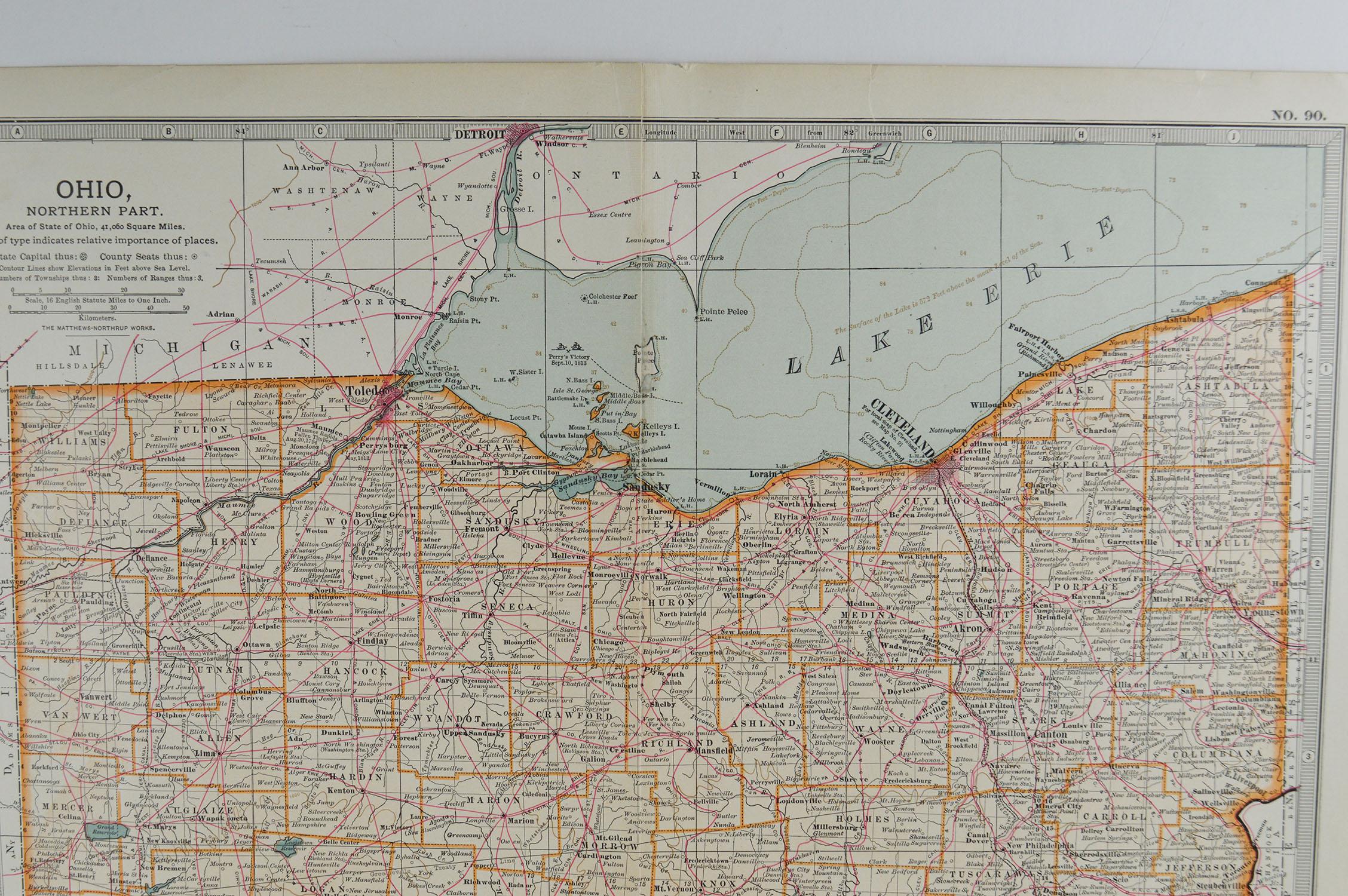 Other Original Antique Map of Ohio, circa 1890
