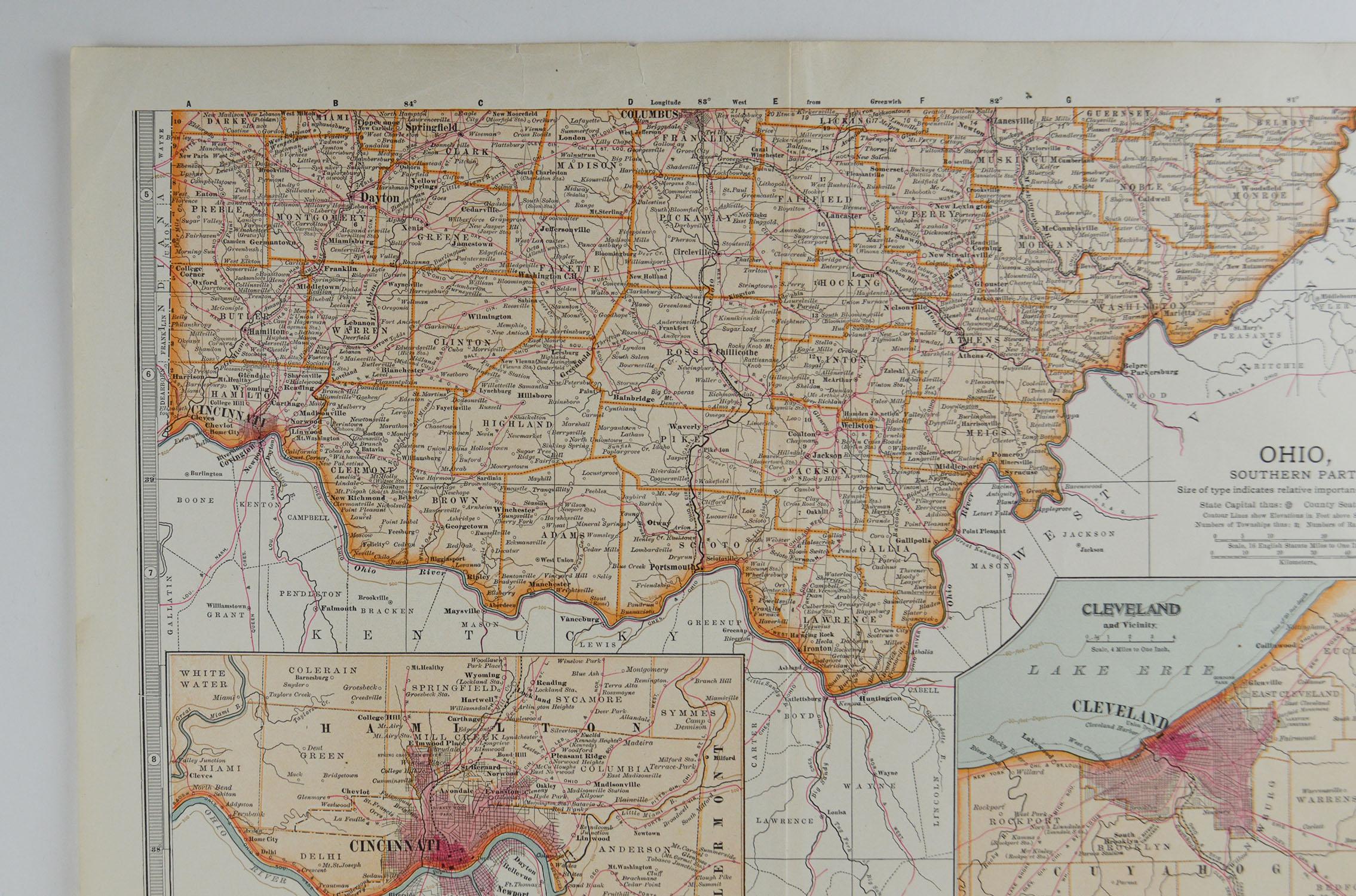 Original Antique Map of Ohio, circa 1890 In Good Condition In St Annes, Lancashire