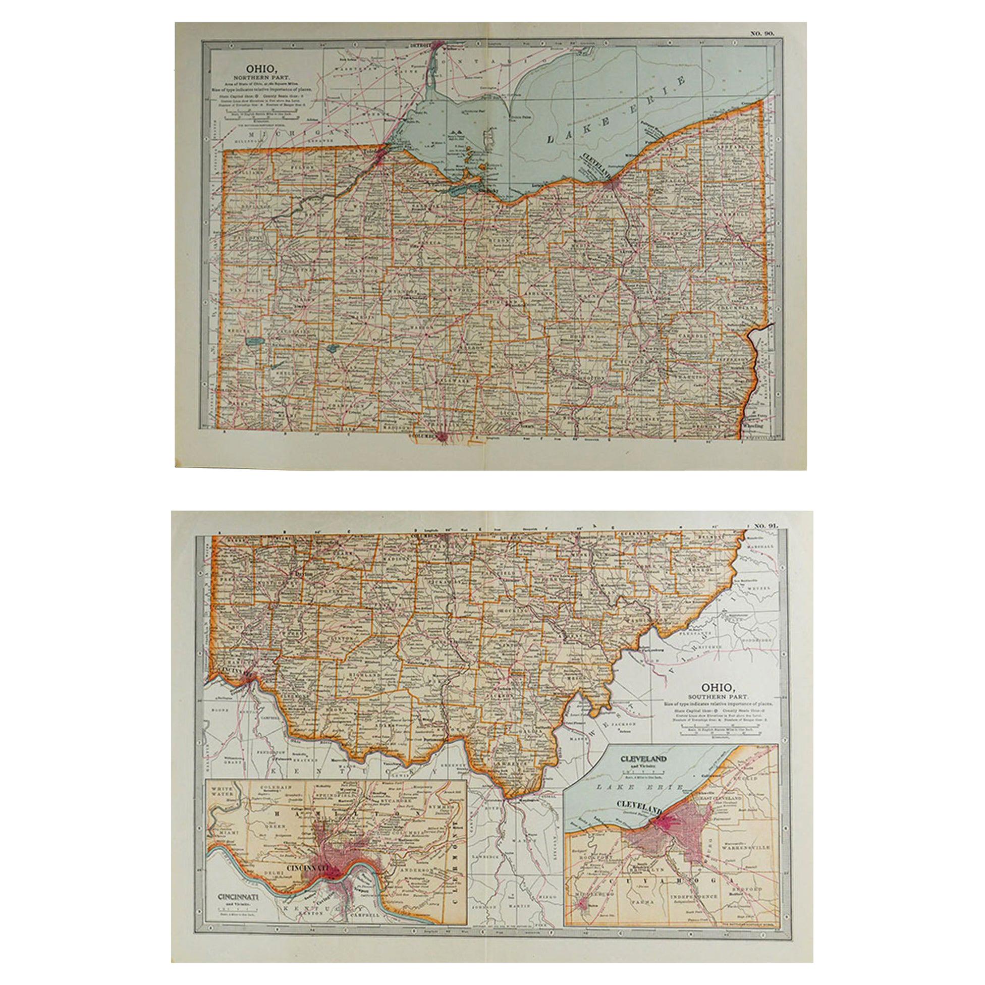 Original Antique Map of Ohio, circa 1890