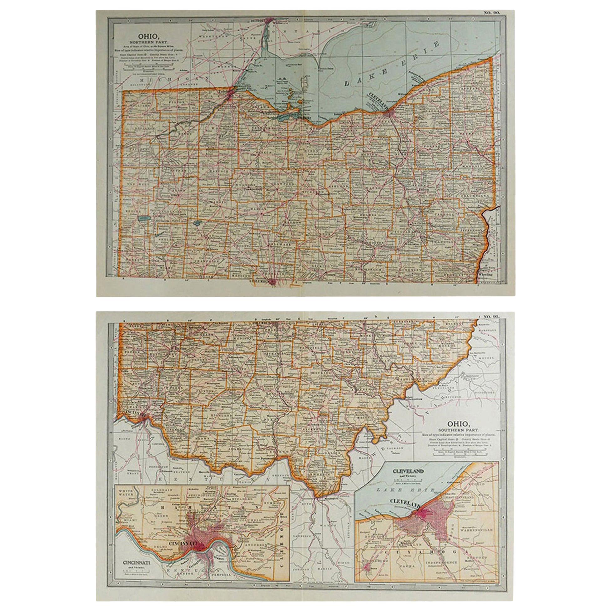Original Antique Map of Ohio, circa 1890