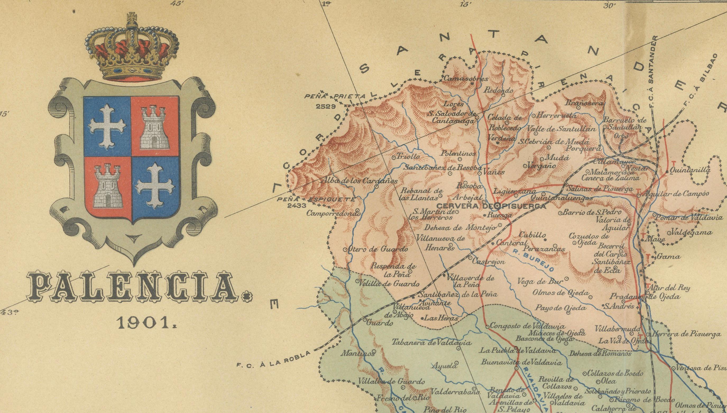 Original Antike Karte der Provinz Palencia, in Nordspanien, 1901 (Papier) im Angebot