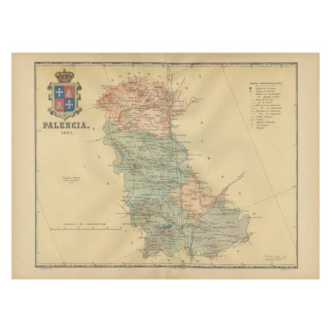 Original Antique Map of Palencia Province, in Northern Spain, 1901
