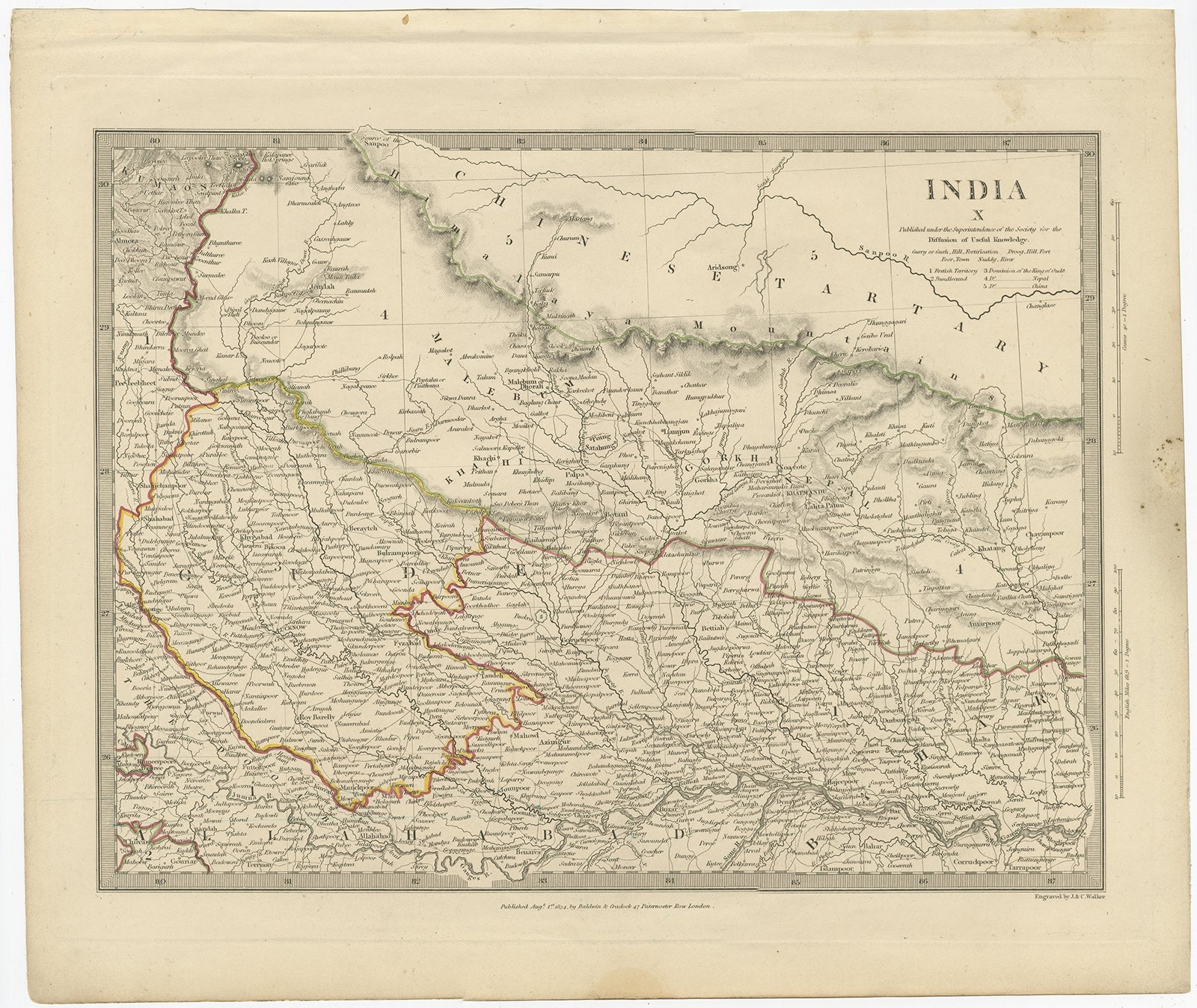 Antique map titled 'India X'. Old steel engraved map of part of the Bahar region, it also shows part of Nepal. 

Artists and Engravers: Engraved by J. & C. Walker. Published under the superintendence of the Society for the Diffusion of Useful