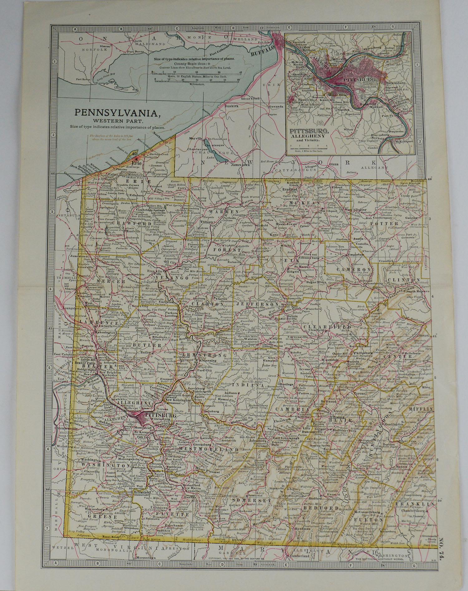 Other Original Antique Map of Pennsylvania, circa 1890