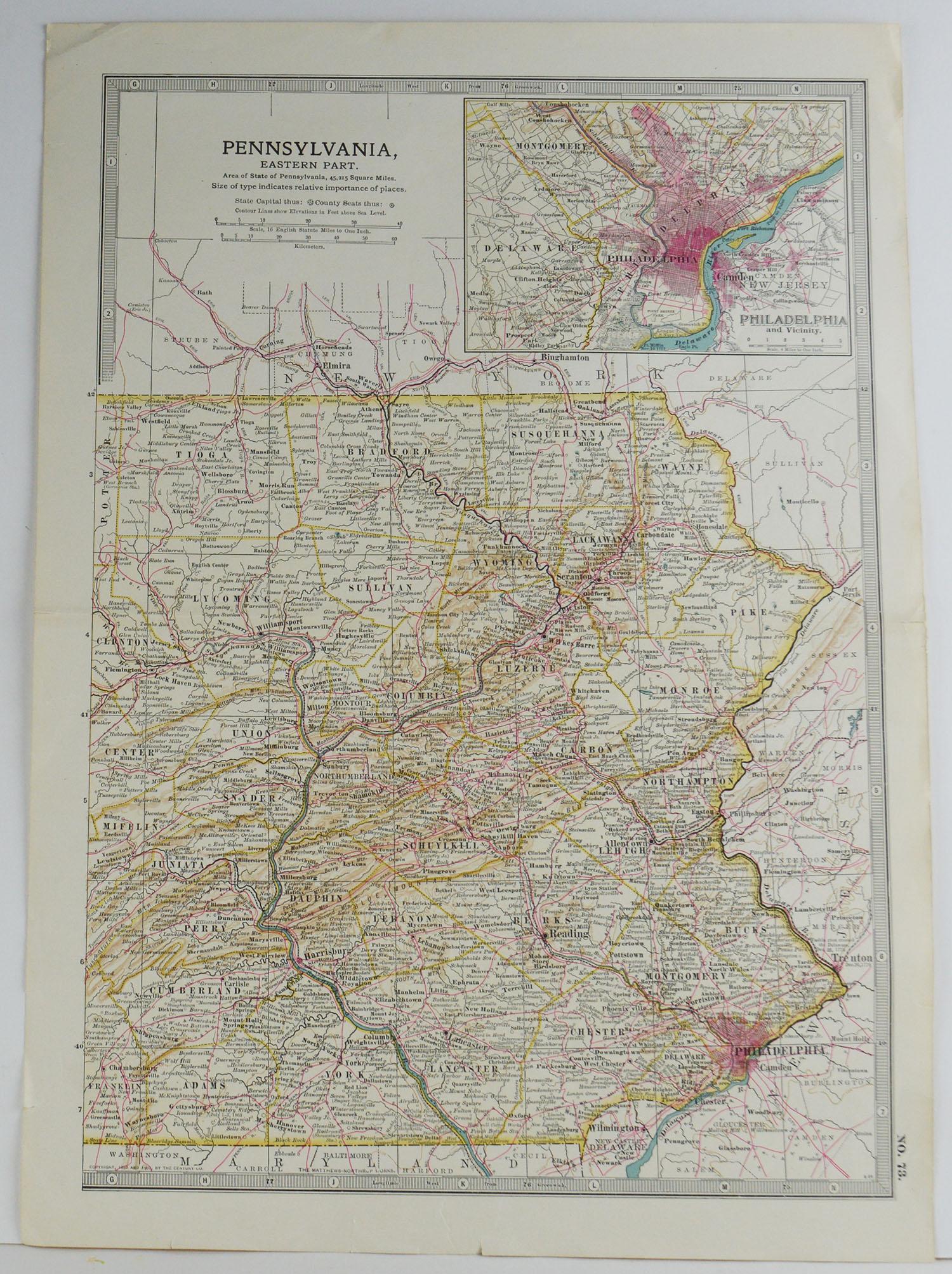 English Original Antique Map of Pennsylvania, circa 1890