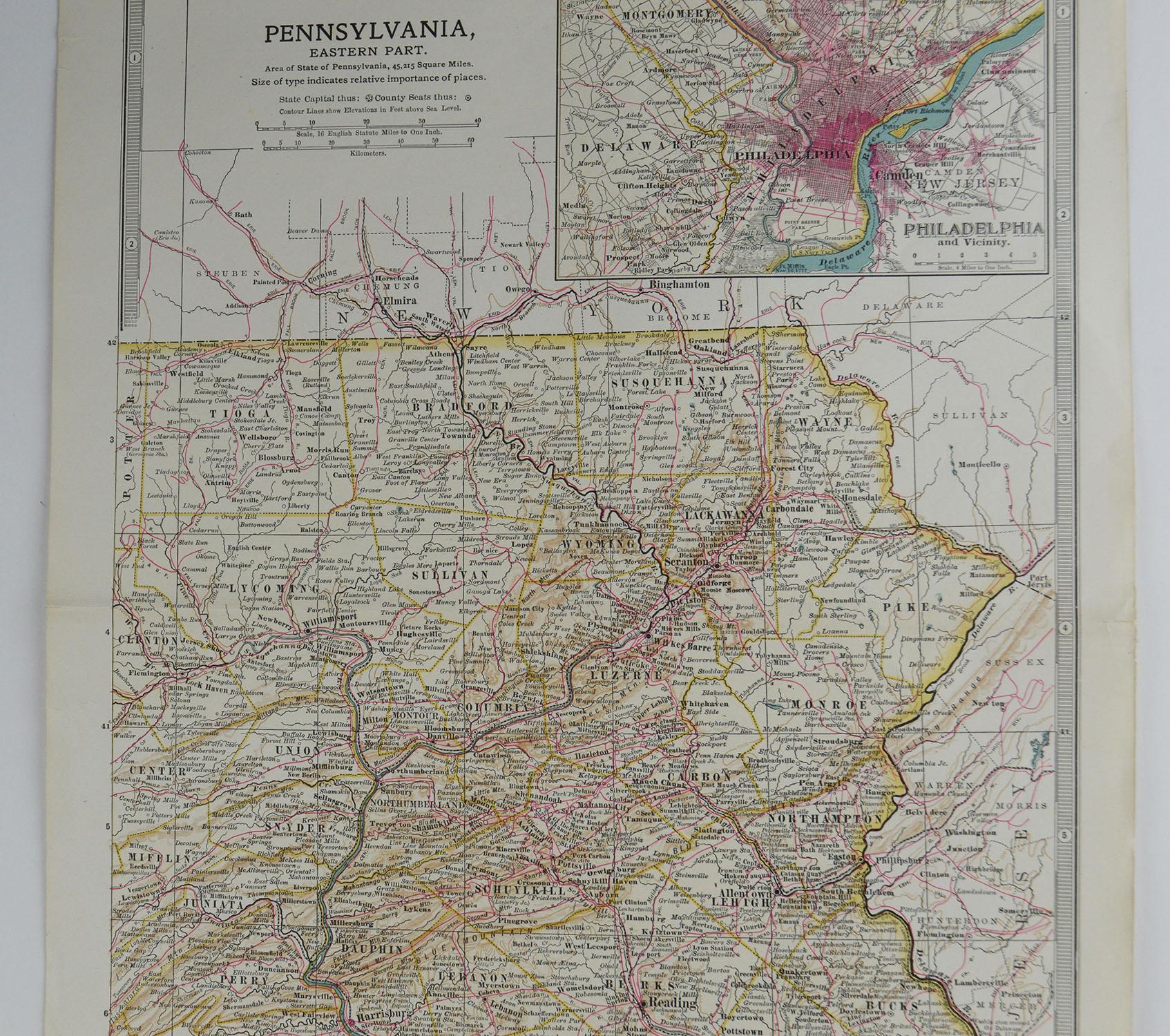 Original Antique Map of Pennsylvania, circa 1890 In Good Condition In St Annes, Lancashire