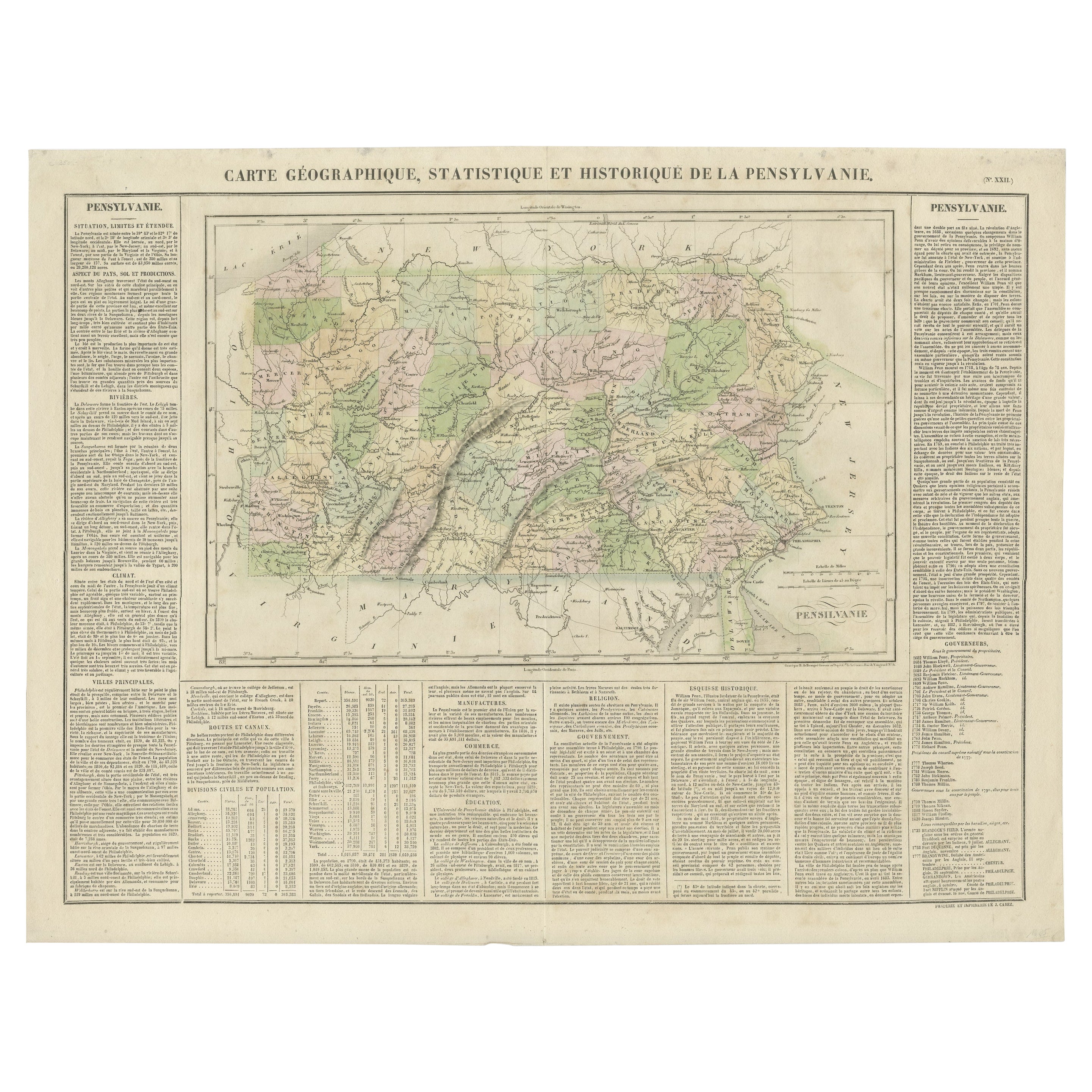 Carte ancienne originale de Pennsylvanie montrant des chiffres historiques intéressants Etc, 1825 en vente