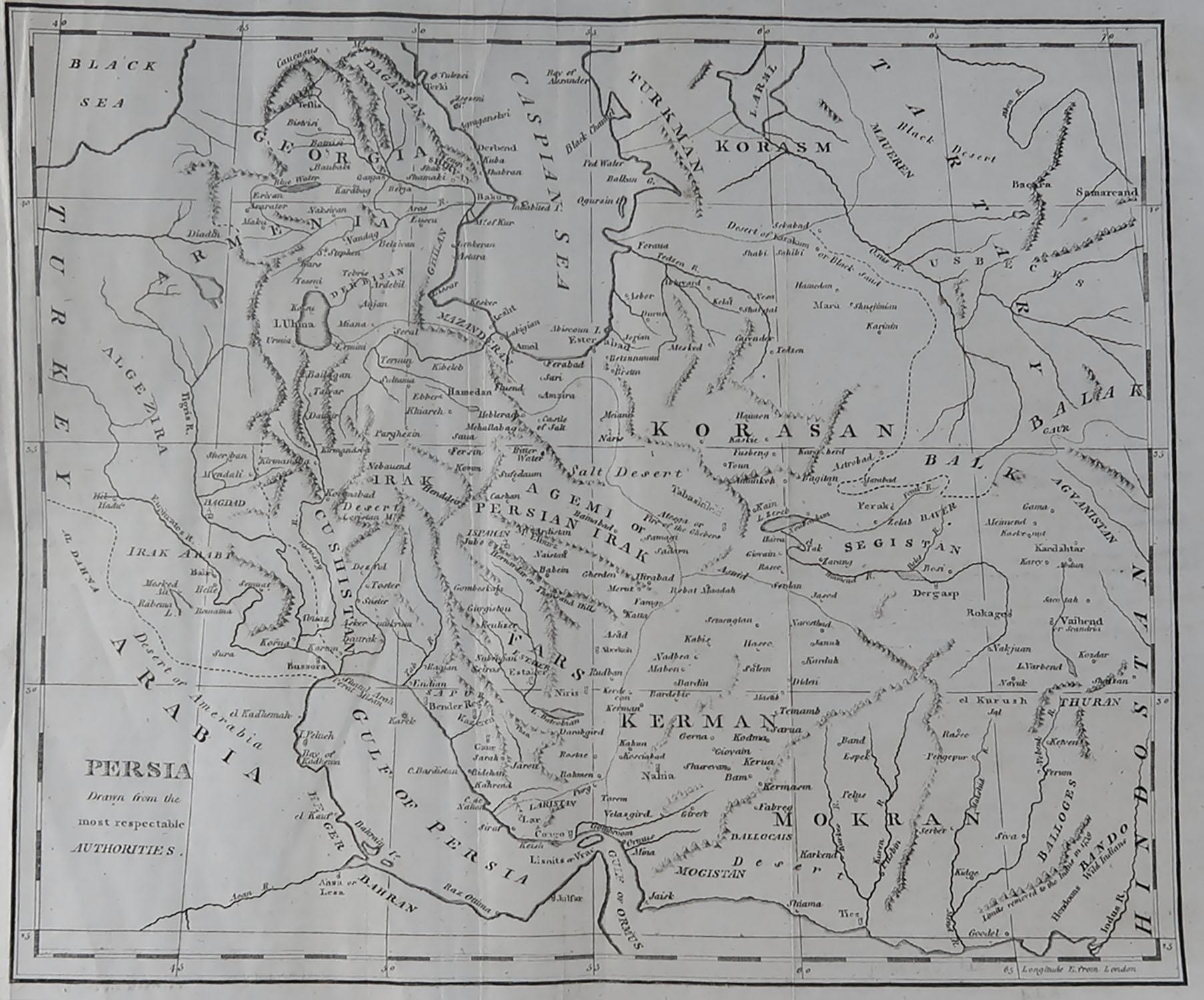Super map of Persia

Copper plate engraving 

Published, circa 1820.

Unframed.

Some minor creasing.

   