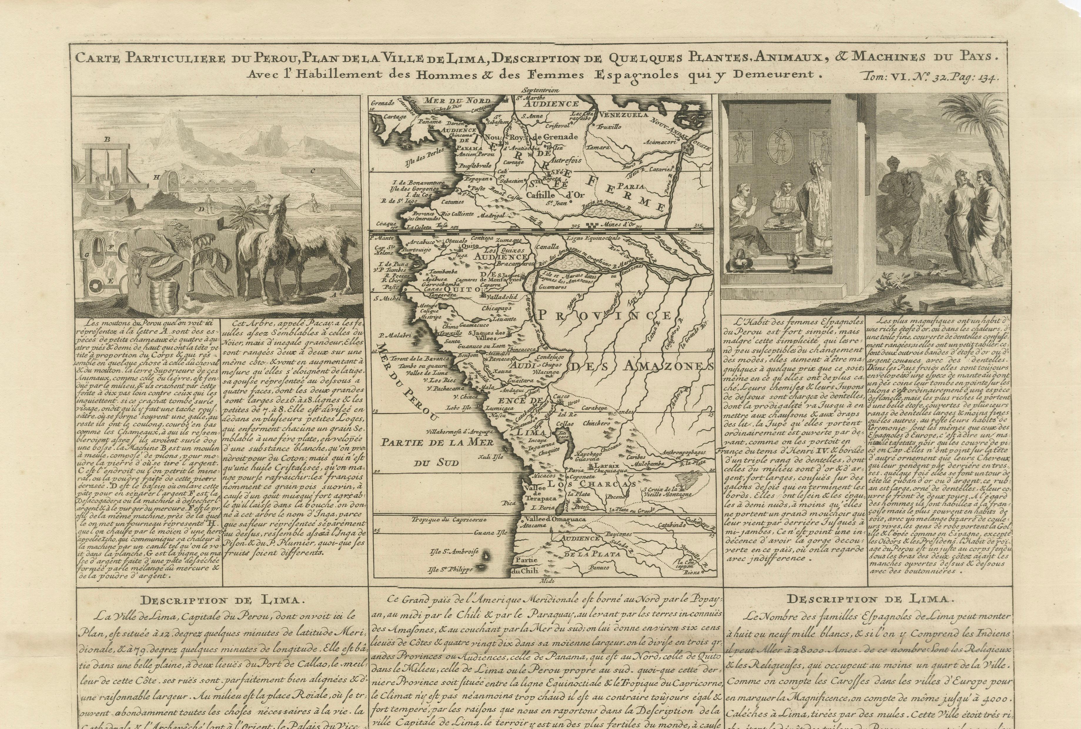 Original Antique Map of Peru and Plan of Lima by Henri Abraham Chatelain, 1719