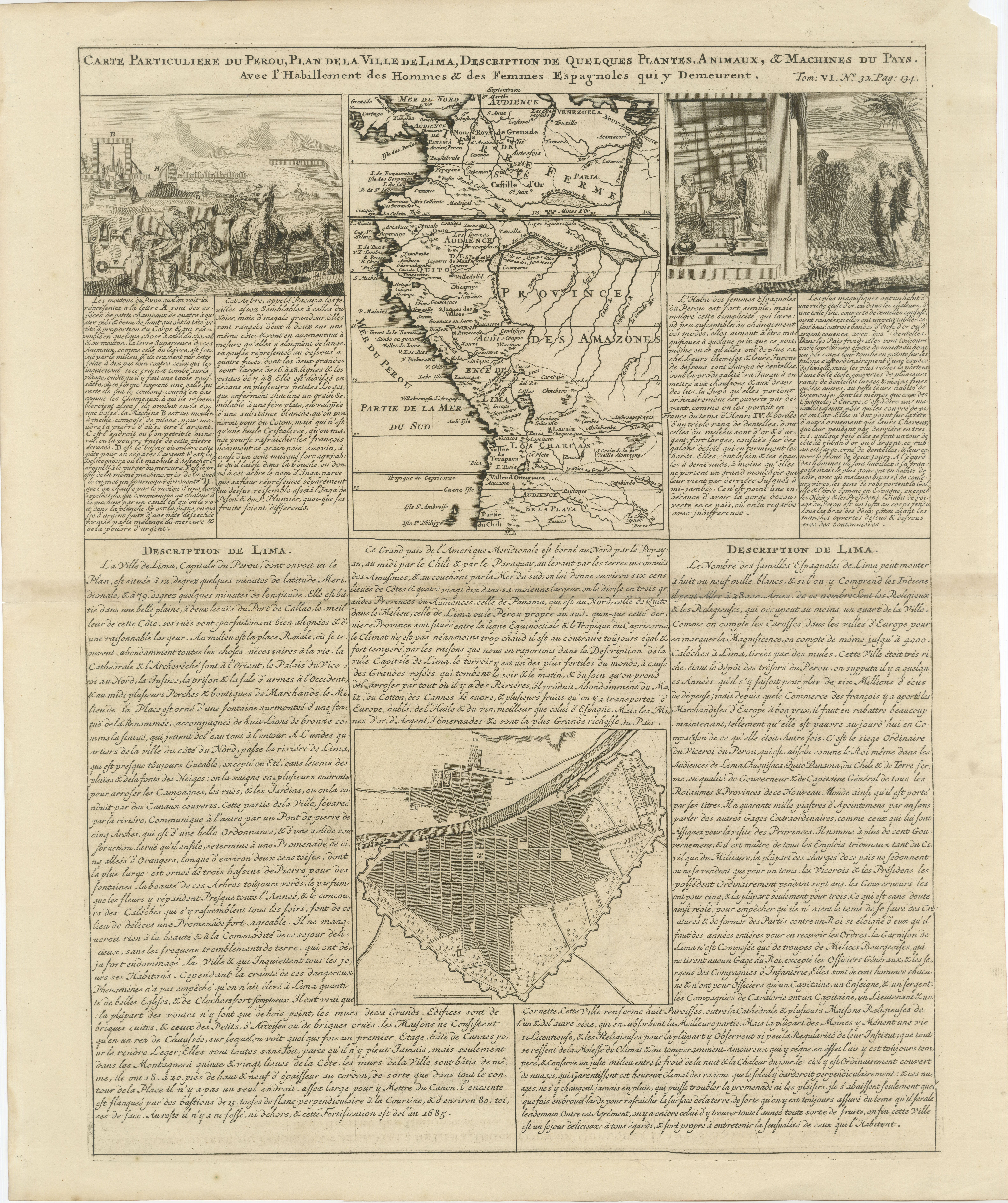 Original Antique Map of Peru and Plan of Lima by Henri Abraham Chatelain, 1719