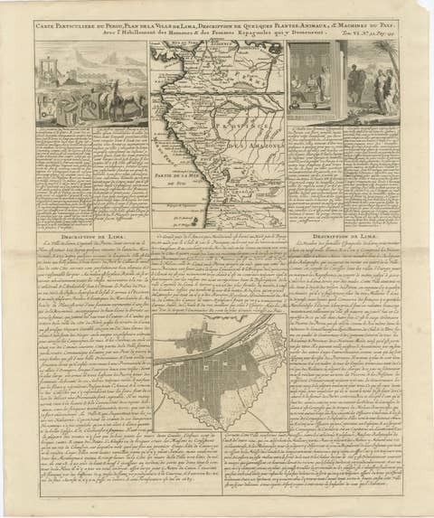 Original Antique Map of Peru and Plan of Lima by Henri Abraham Chatelain, 1719