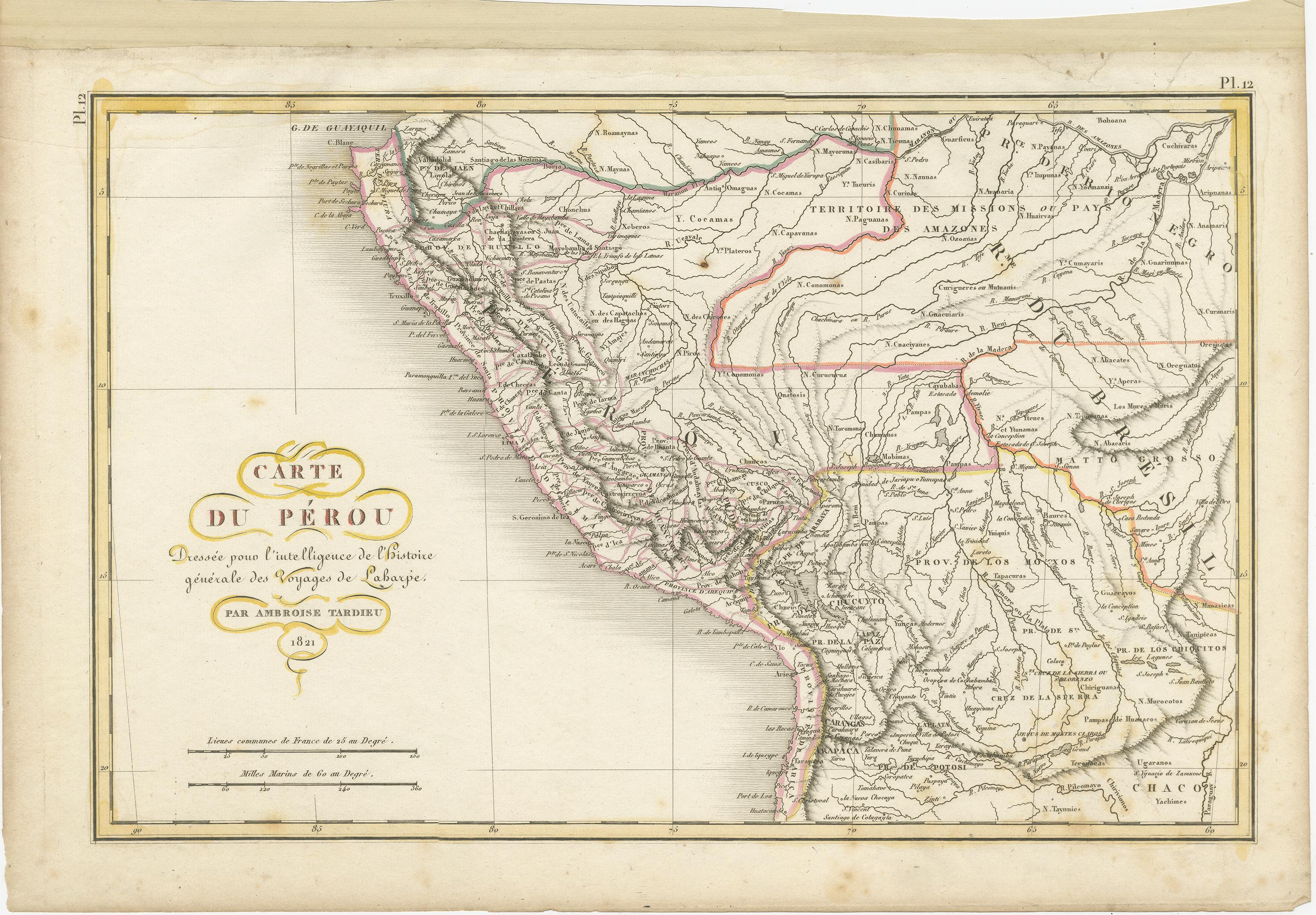 Antique map titled 'Carte du Pérou'. This map of Peru and the surrounding region shows excellent detail of the river systems and mountain ranges in the area.

Published by A. Tardieu, 1821. Ambroise Tardieu (2 March 1788, in Paris – 17 January