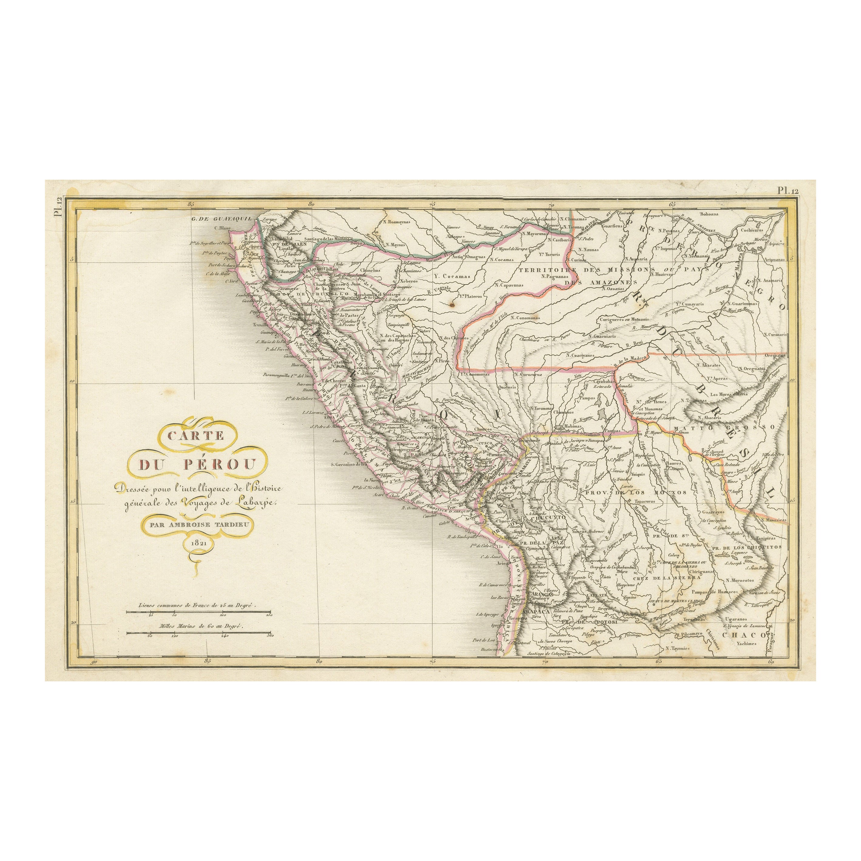Carte ancienne d'origine du Prou avec rgions soulignes en couleur