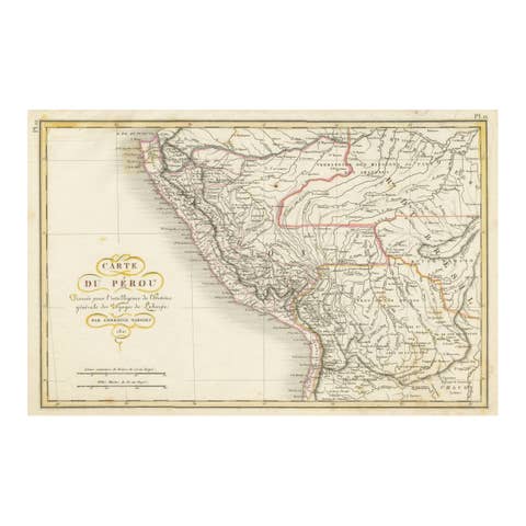 Original Antique Map of Peru with Regions Outlined in Color