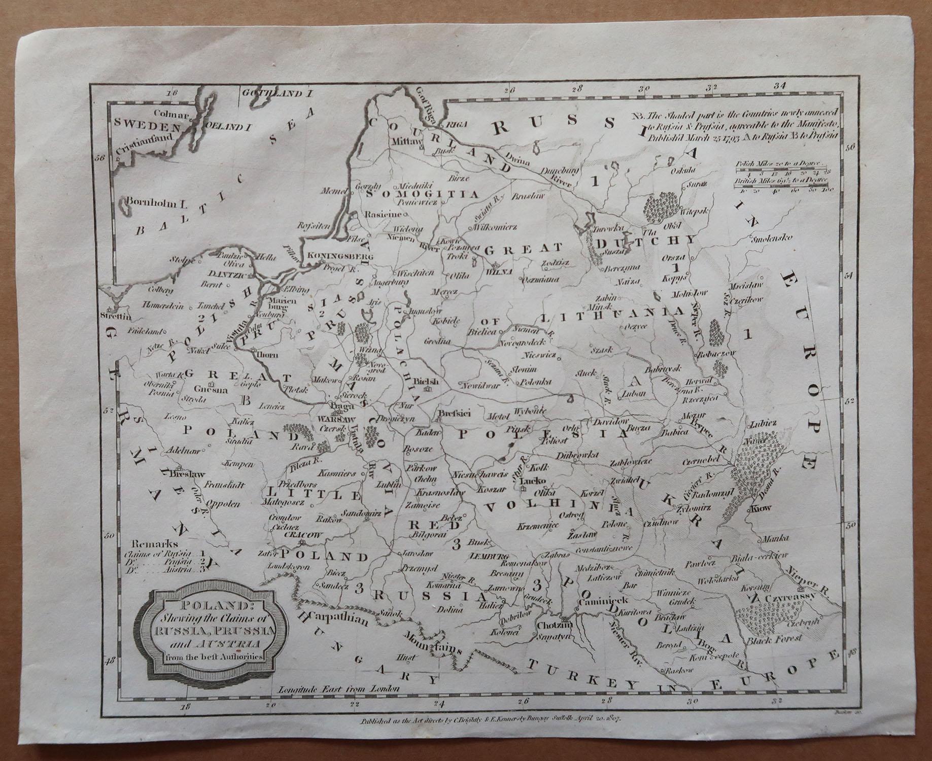 Other Original Antique Map of Poland, Engraved by Barlow, Dated 1807