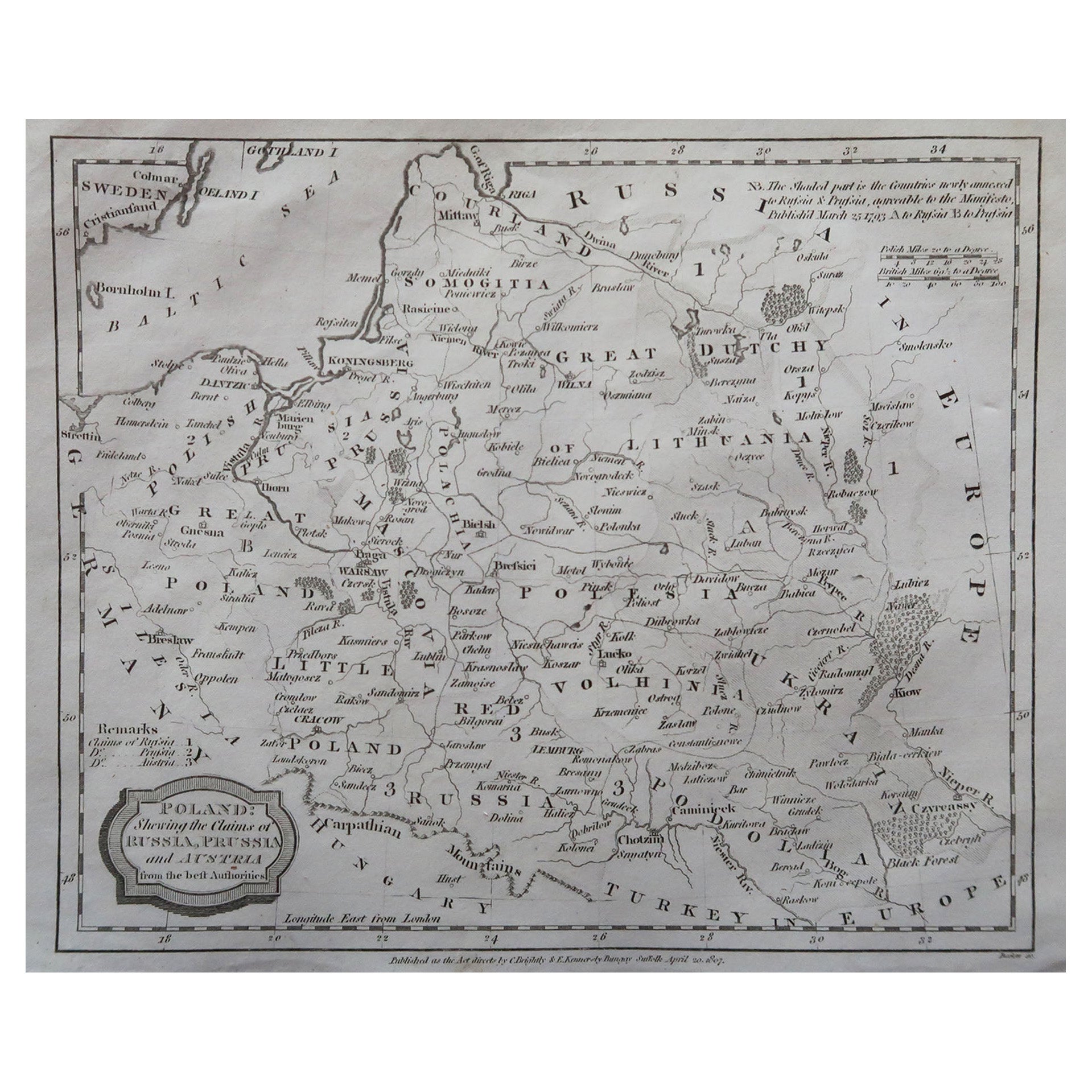 Original Antique Map of Poland, Engraved by Barlow, Dated 1807
