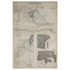 Original Antique Map of Ports & Harbours of USA, Fullarton, C.1870