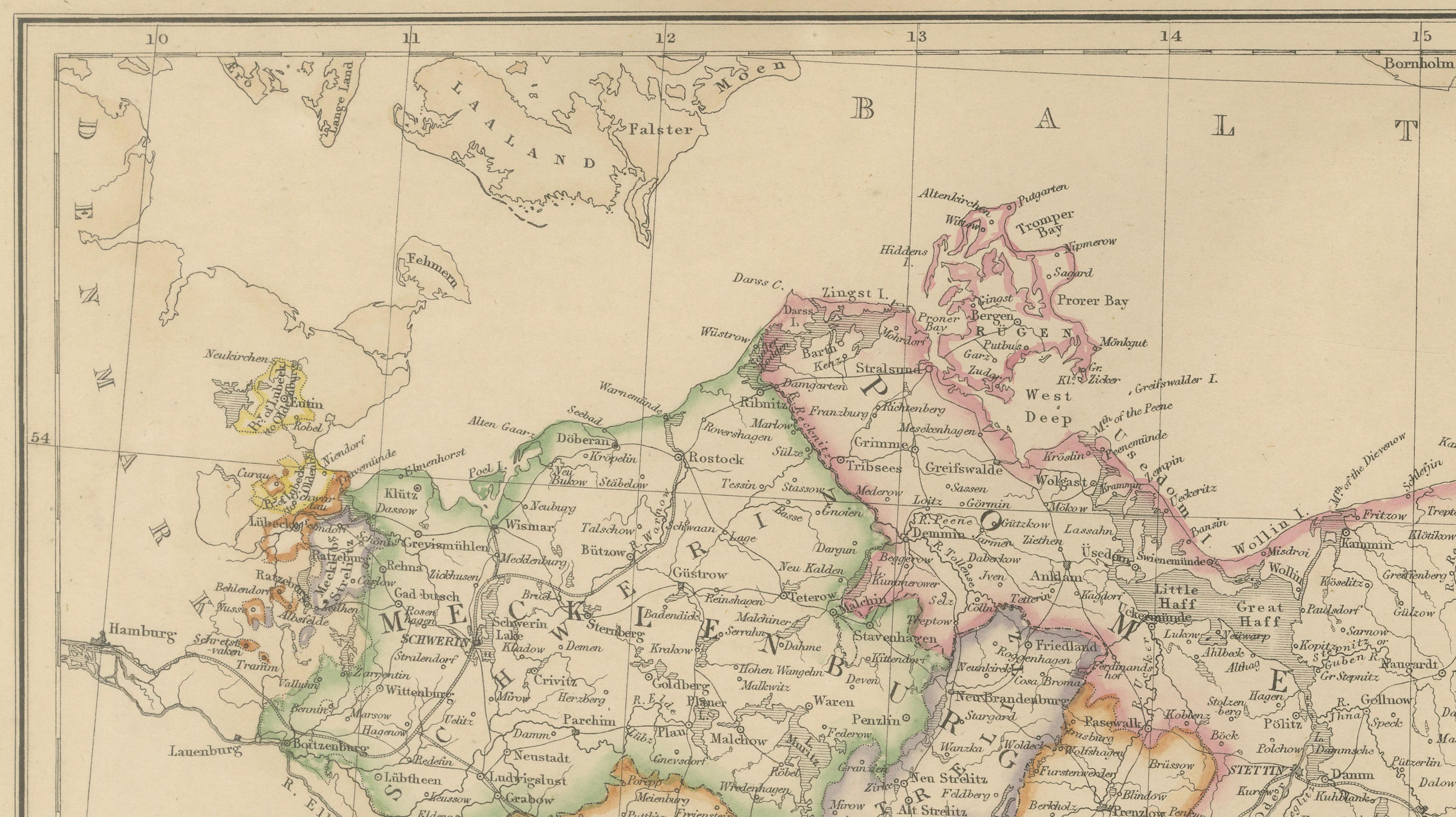 Original Antique Map of Prussia and Mecklenburg, Germany c.1860