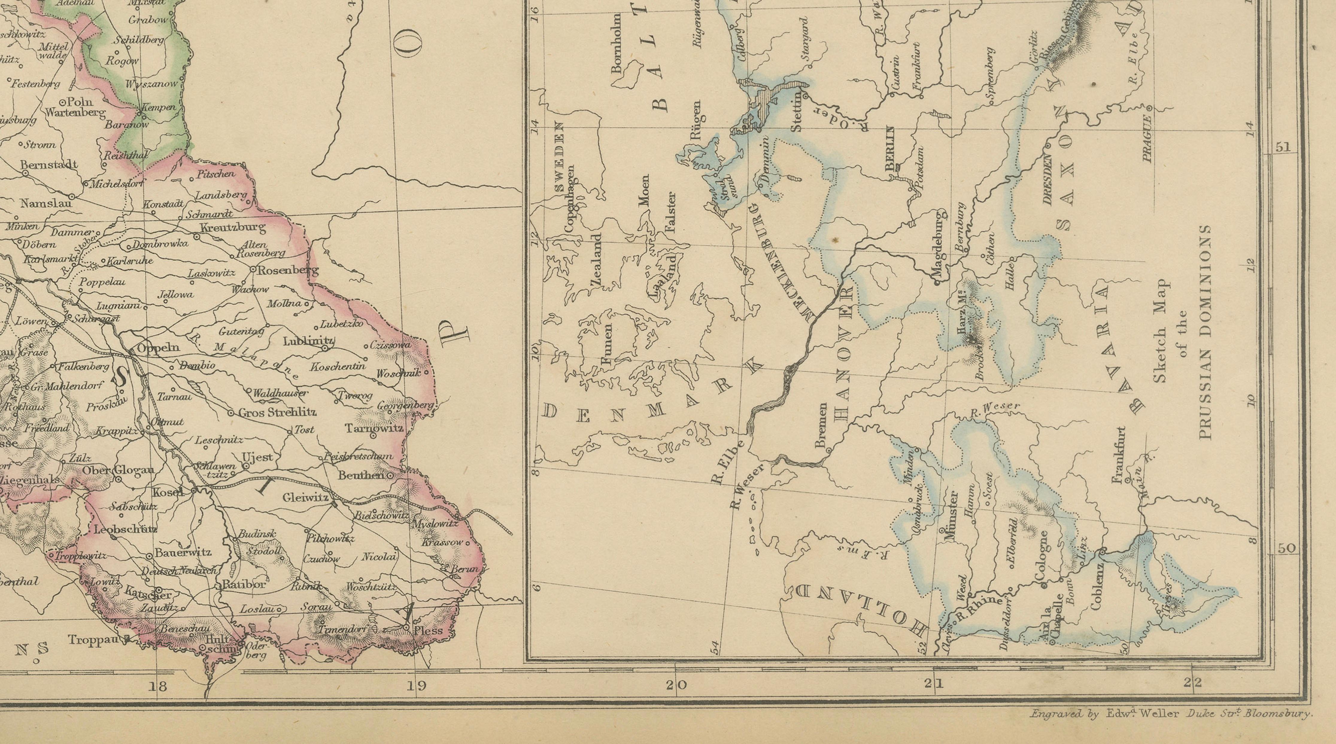 Original Antique Map of Prussia and Mecklenburg, Germany c.1860