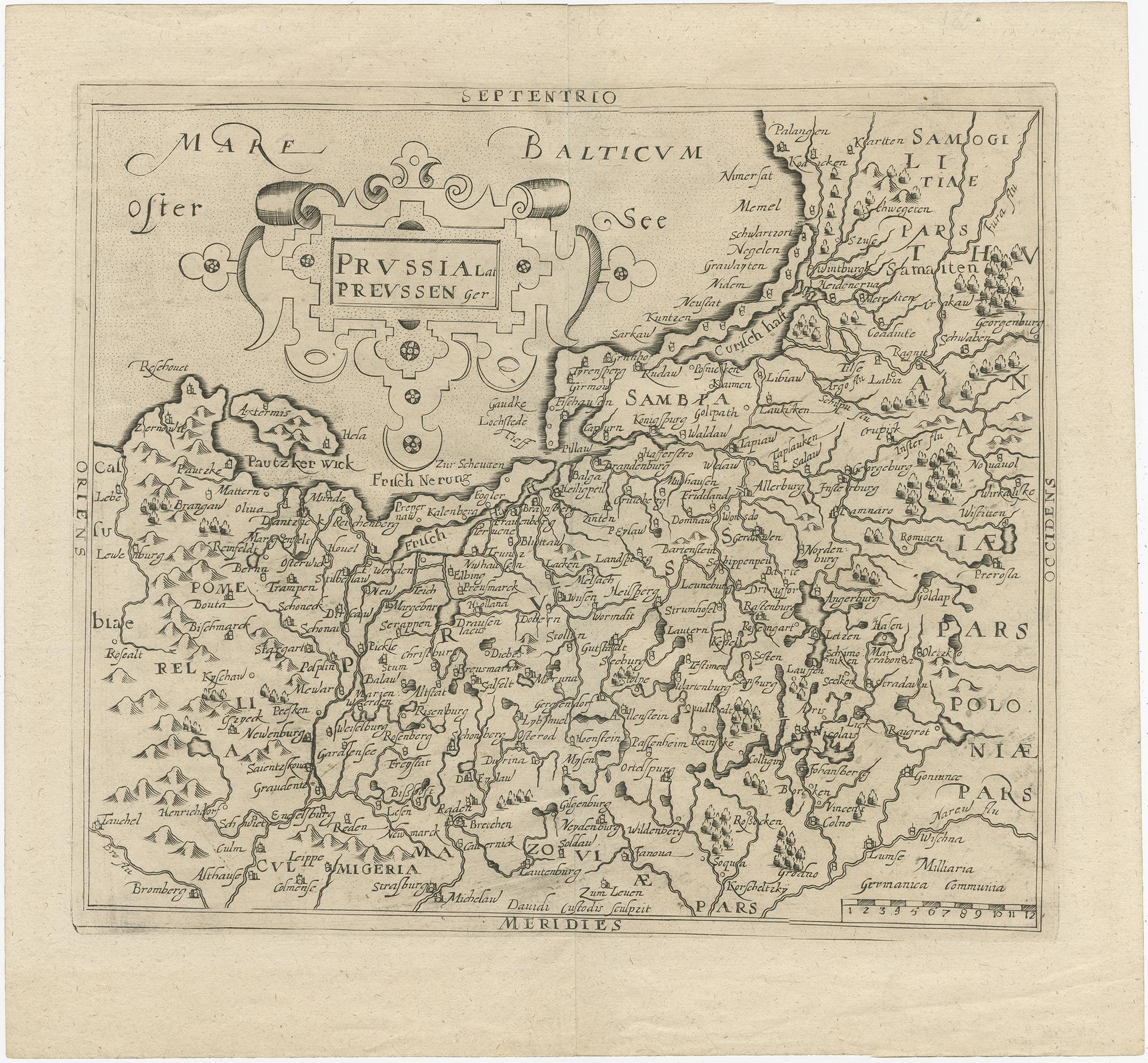 Antique map titled 'Prussia - Preussen'. Original map of Prussia, a historically prominent German state that originated in 1525 with a duchy centered on the region of Prussia on the southeast coast of the Baltic Sea. Source unknown, to be