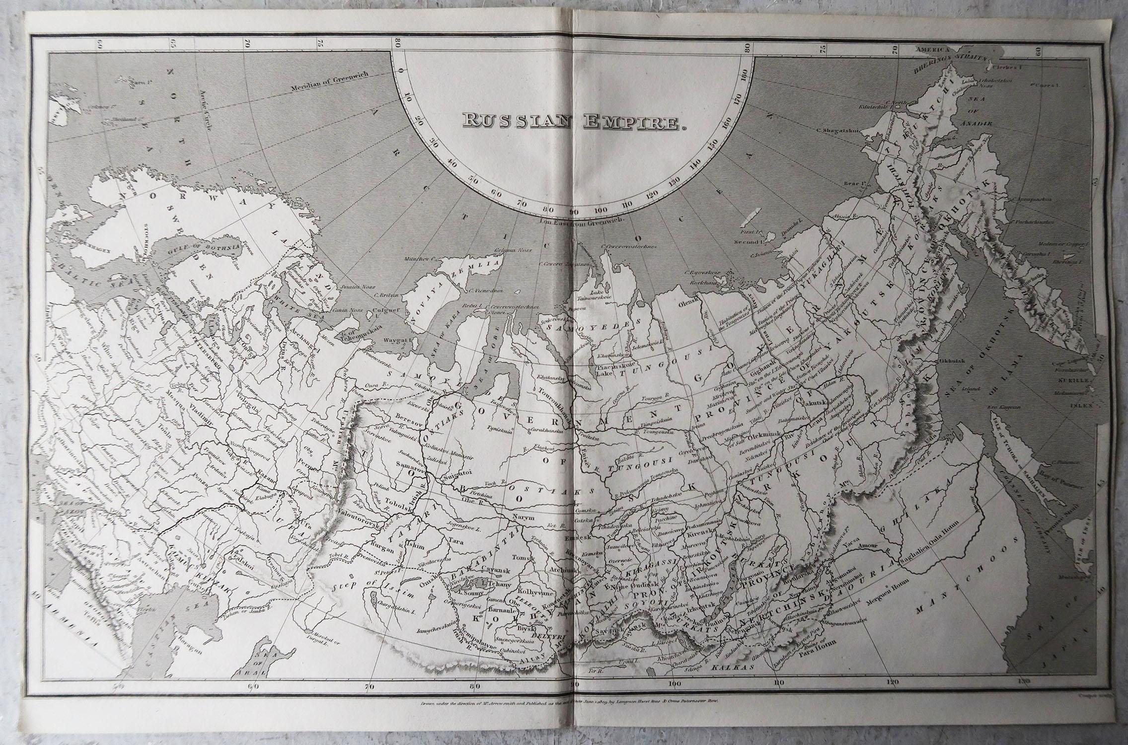 Grande carte de la Russie

Dessiné sous la direction de Arrowsmith

Gravure sur cuivre

Publié par Longman, Hurst, Rees, Orme and Brown, 1820

Non encadré.