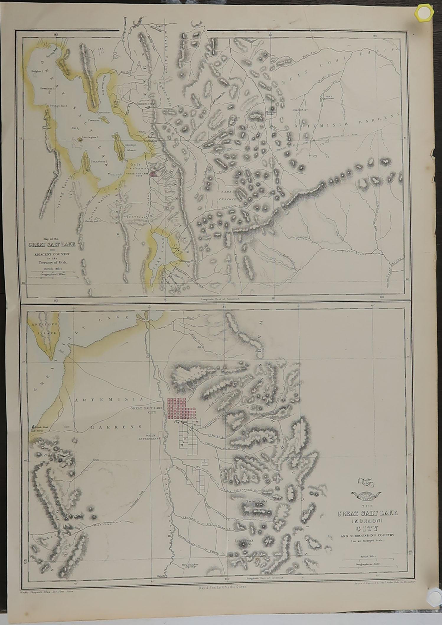 Great map of Salt lake City

Drawn and engraved by Edward Weller

Original color 

Published in The Weekly Dispatch Atlas, 1861

Repair to a tear on top edge

Unframed.








 