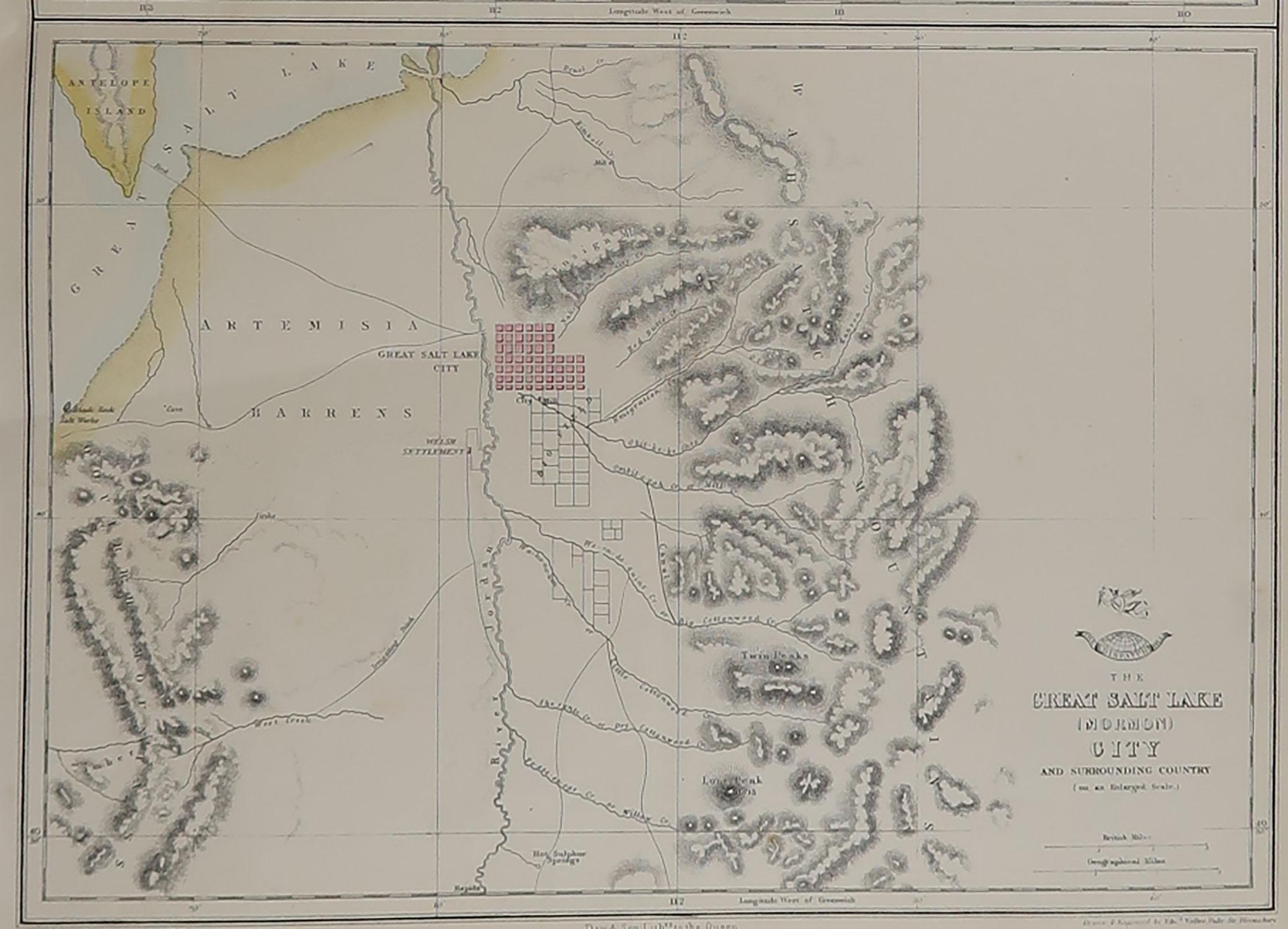Victorian Original Antique Map of Salt Lake City, Utah, 1861