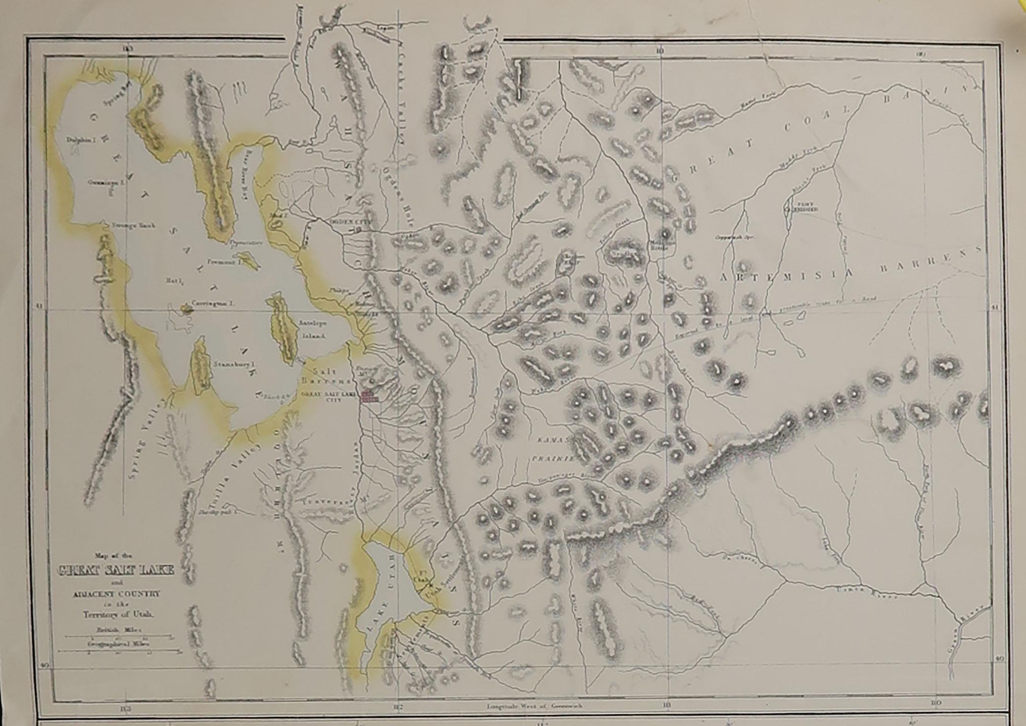 English Original Antique Map of Salt Lake City, Utah, 1861