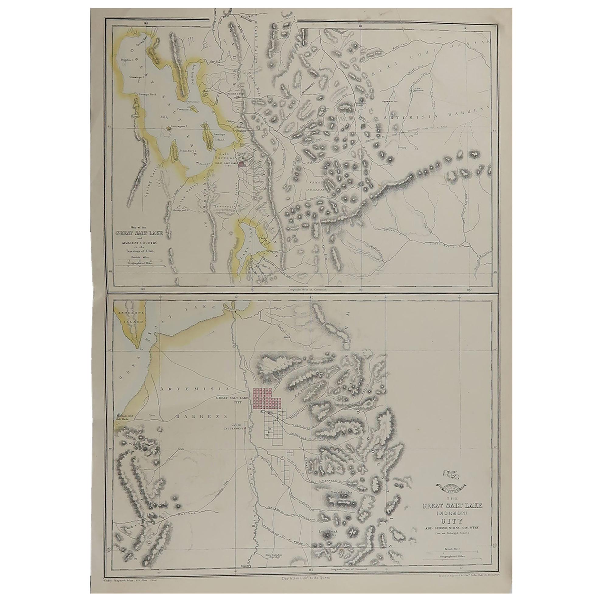 Original Antique Map of Salt Lake City, Utah, 1861