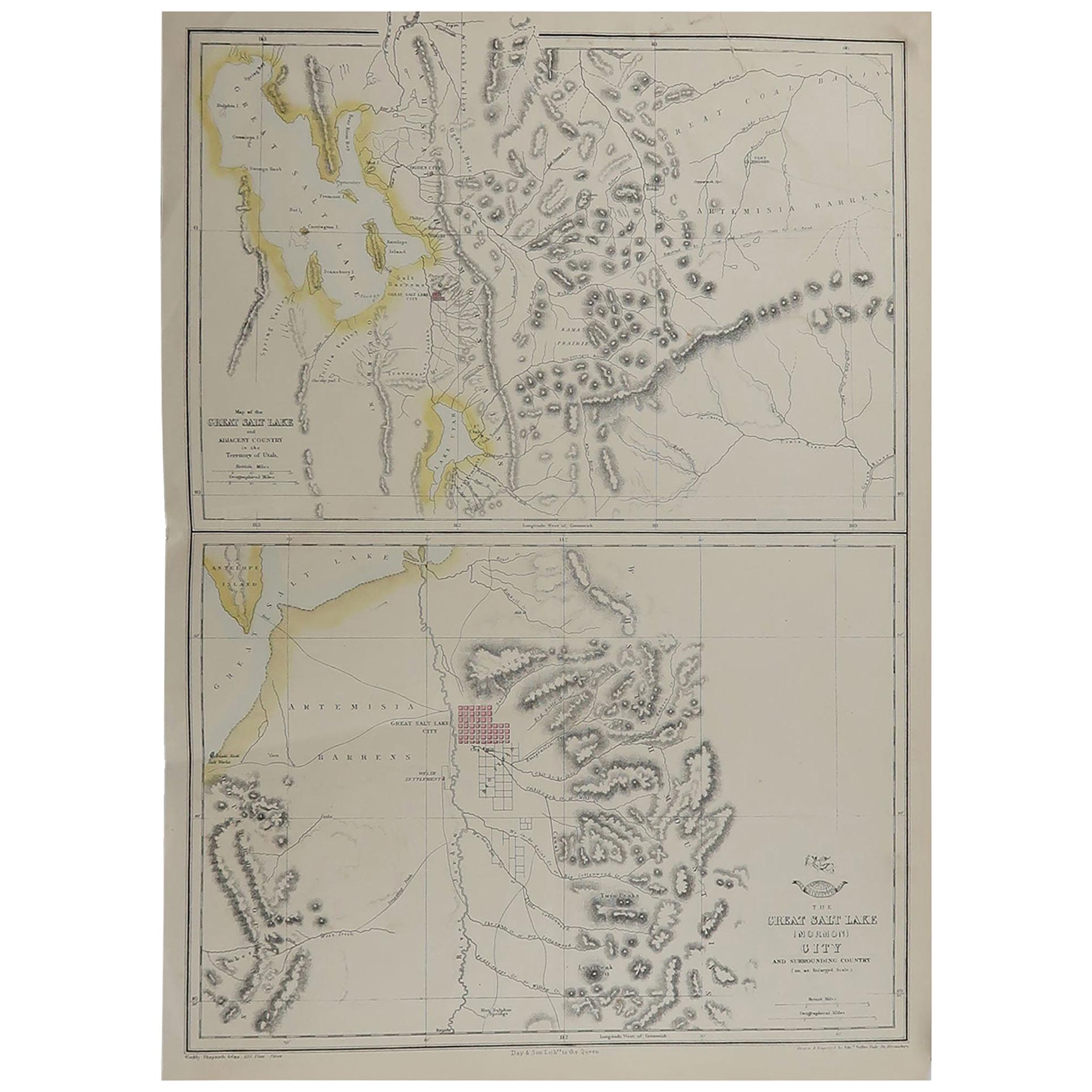 Original Antique Map of Salt Lake City, Utah, 1861