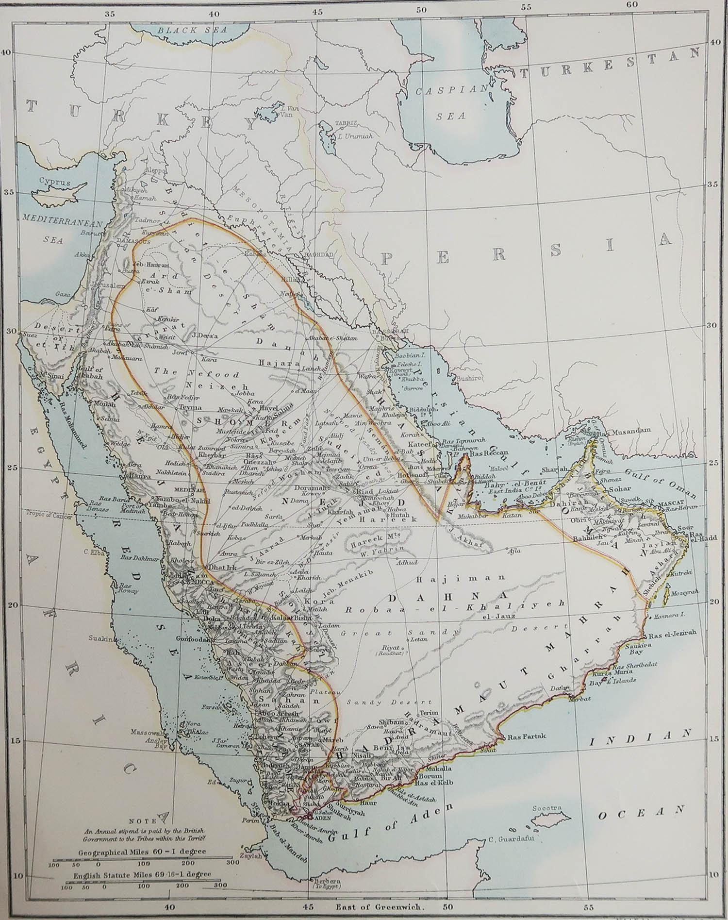 Great map of Saudi Arabia

Drawn and Engraved by W. & A.K. Johnston

Published By A & C Black, Edinburgh.

Original colour

Unframed.








