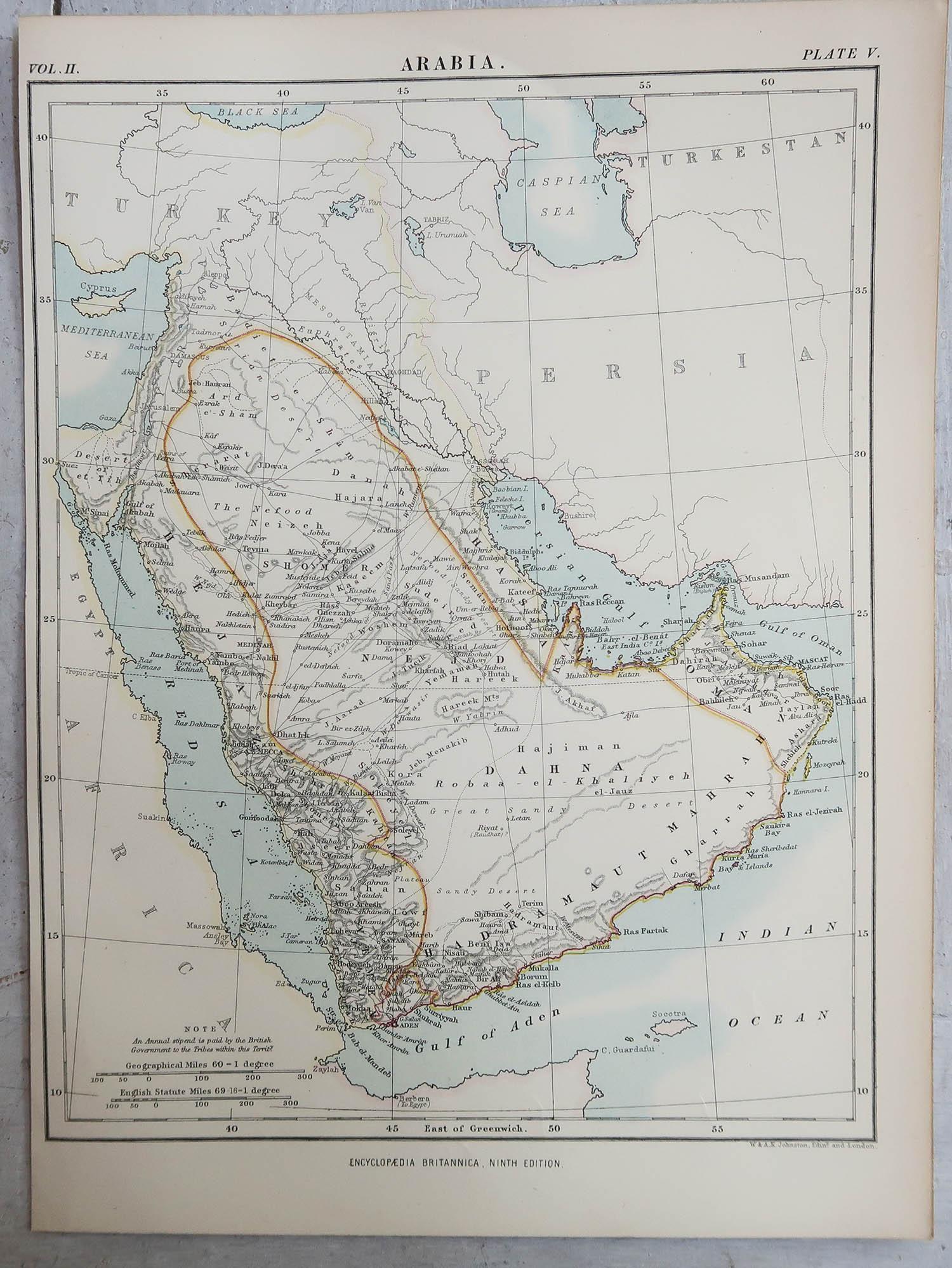 Scottish Original Antique Map of Saudi Arabia, 1889