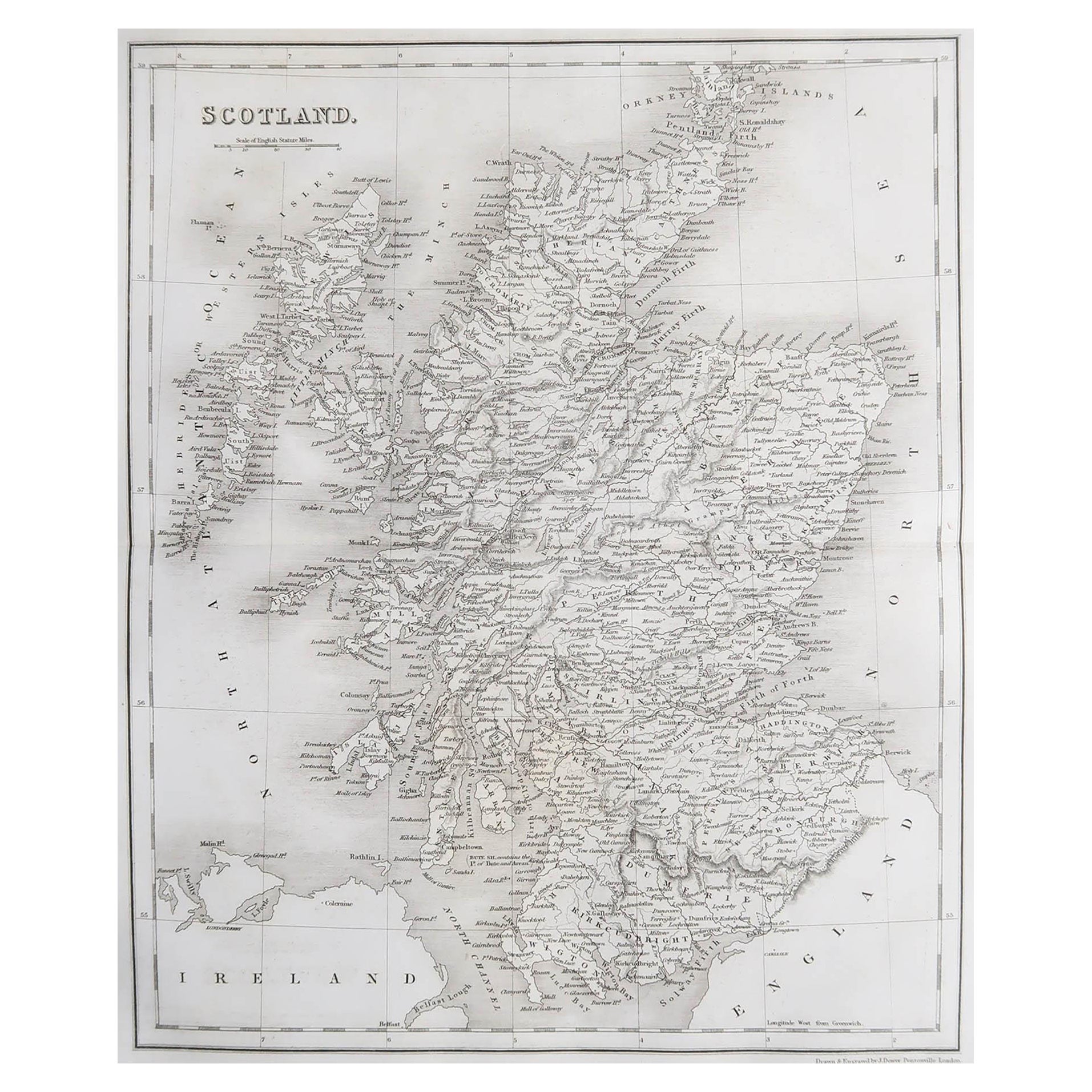 Carte ancienne originale de l'Ecosse par Dower, vers 1835