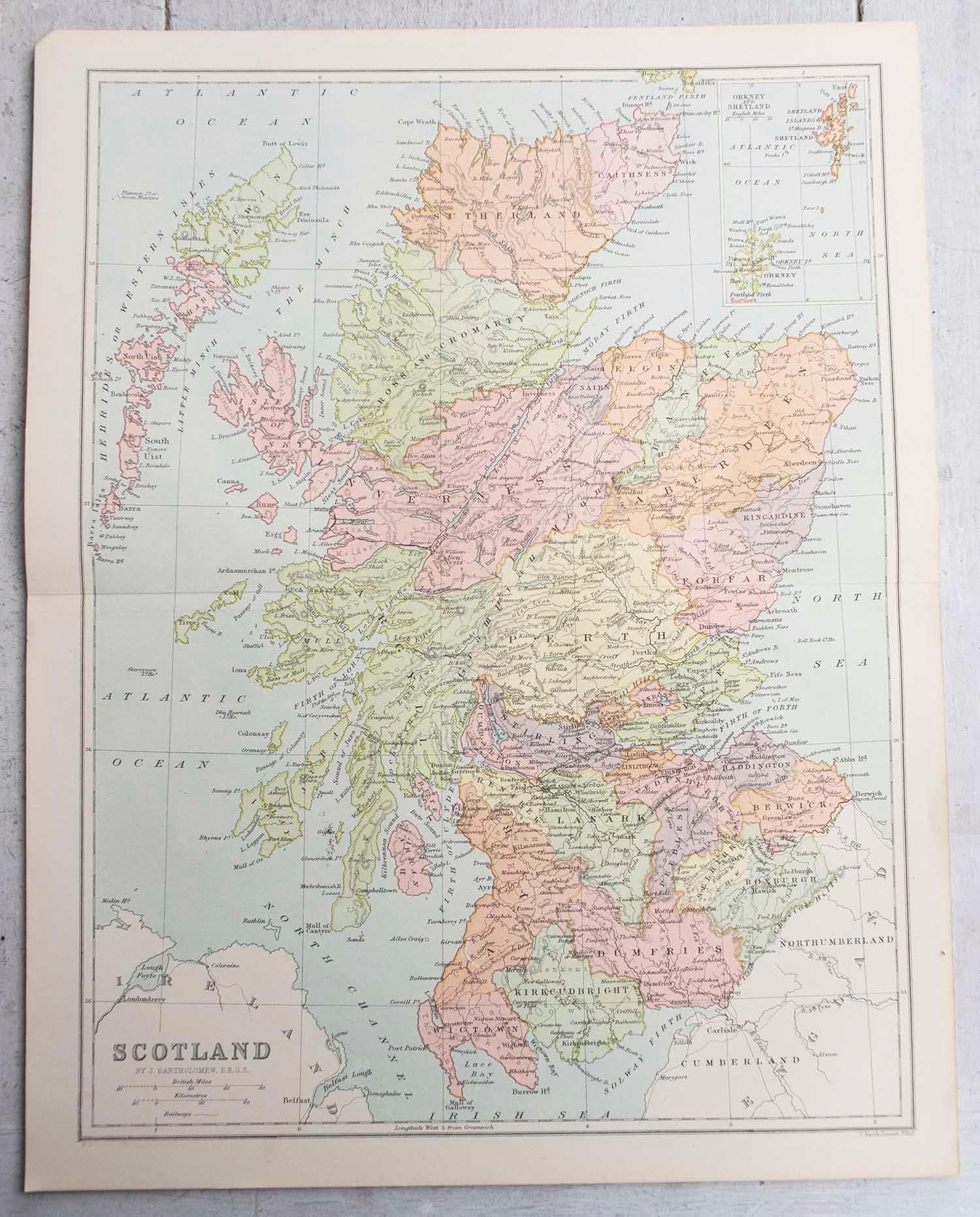 English Original Antique Map of Scotland. Circa 1880