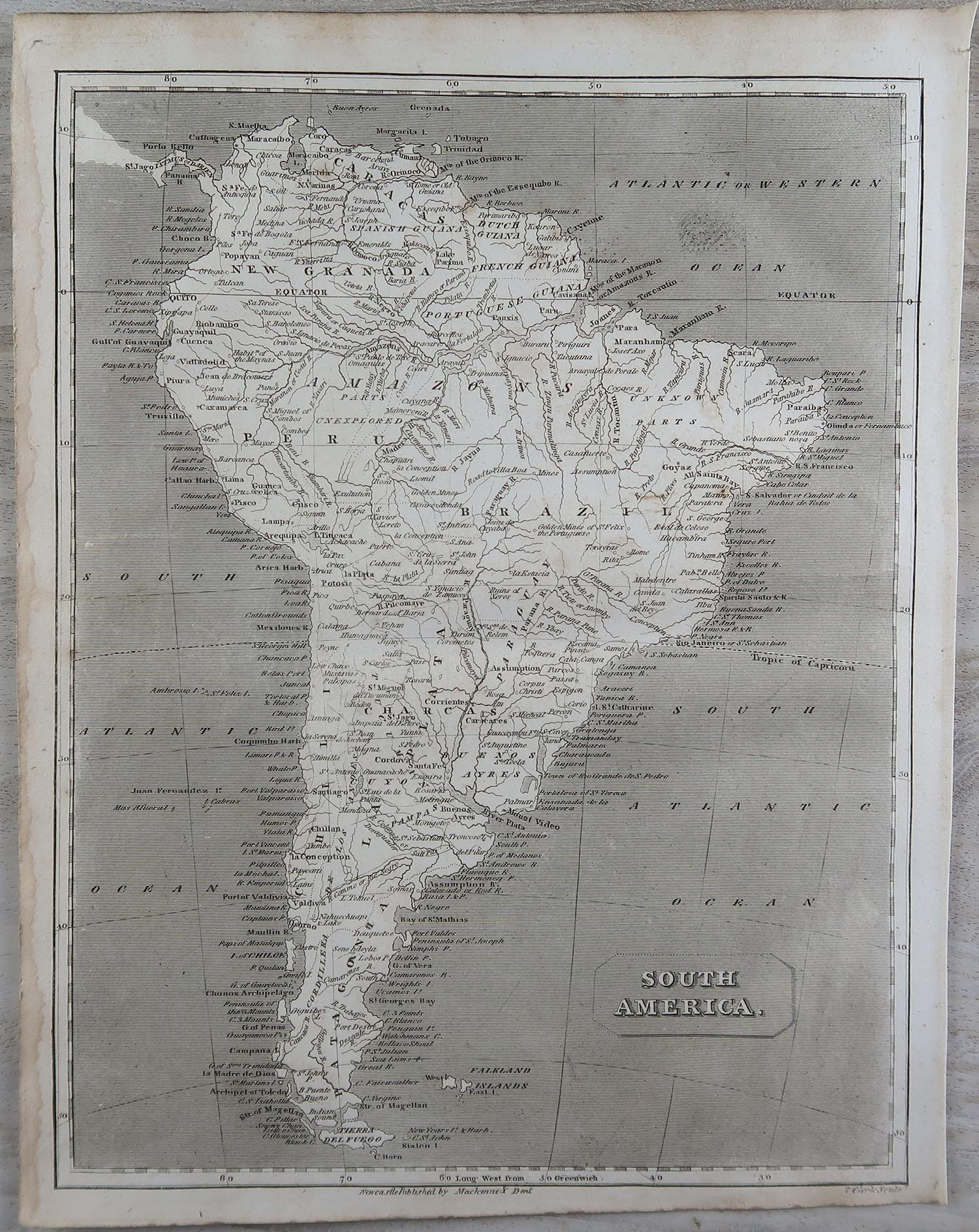 Great map of South America

Copper-plate engraving

Drawn and engraved by Thomas Clerk, Edinburgh.

Published by Mackenzie And Dent, 1817

Unframed.