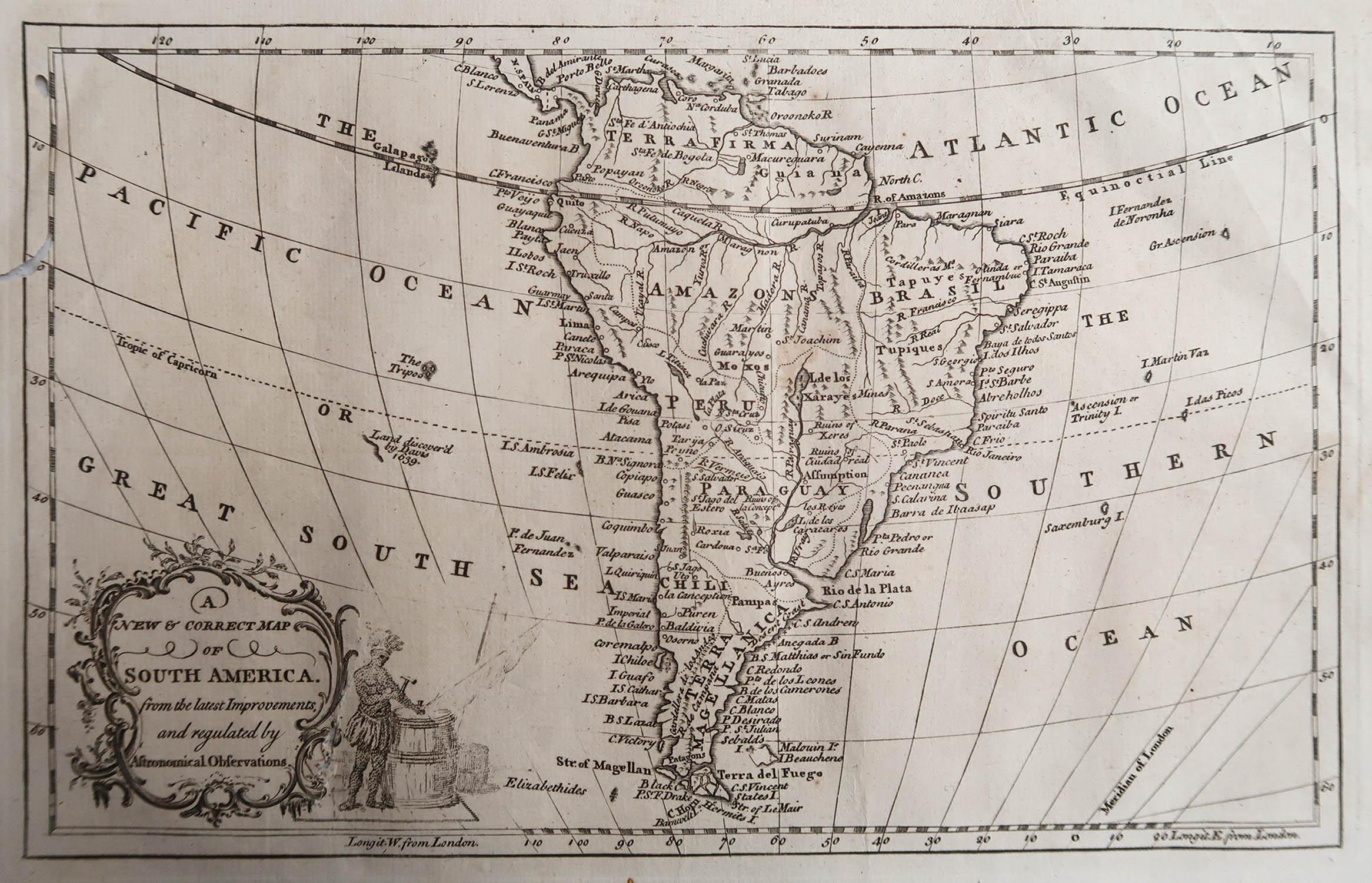 Großartige Karte von Südamerika

Kupferstich 

Veröffentlicht C.1780

Zwei kleine Wurmlöcher auf der linken Seite der Karte

Ungerahmt.