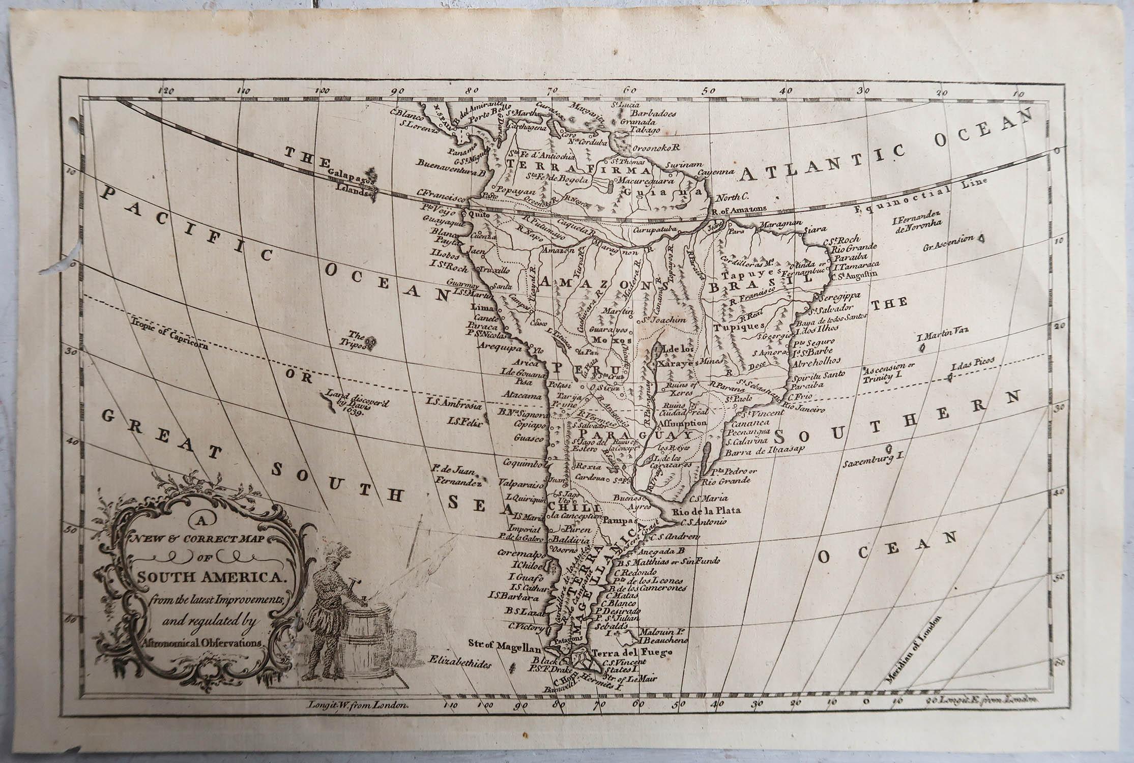 Georgian Original Antique Map of South America. C.1780 For Sale