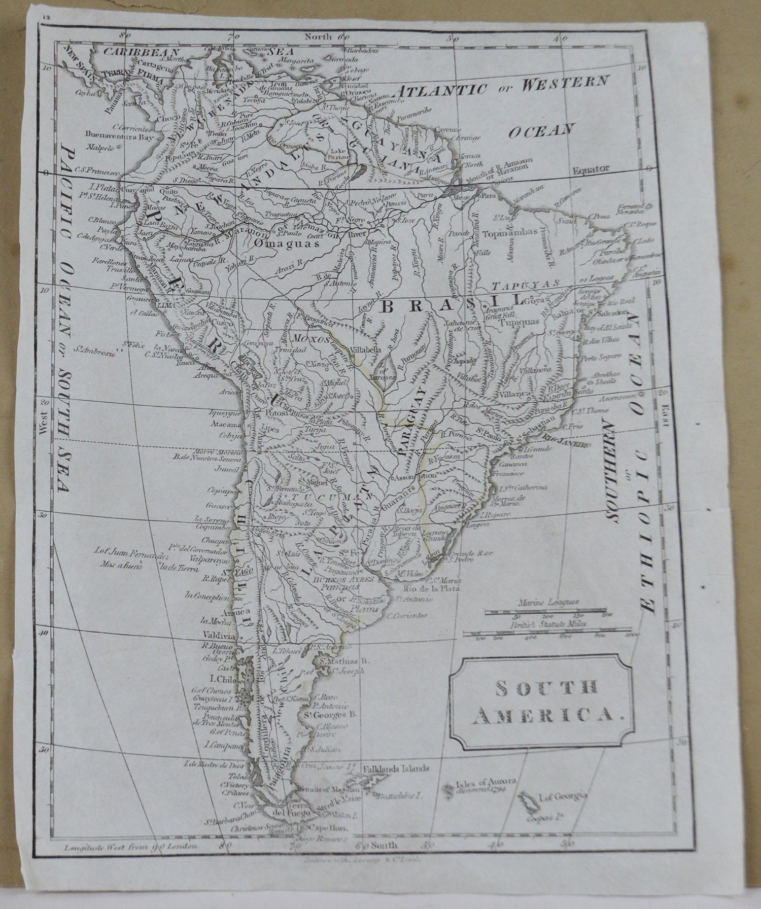 English Original Antique Map of South America, circa 1830