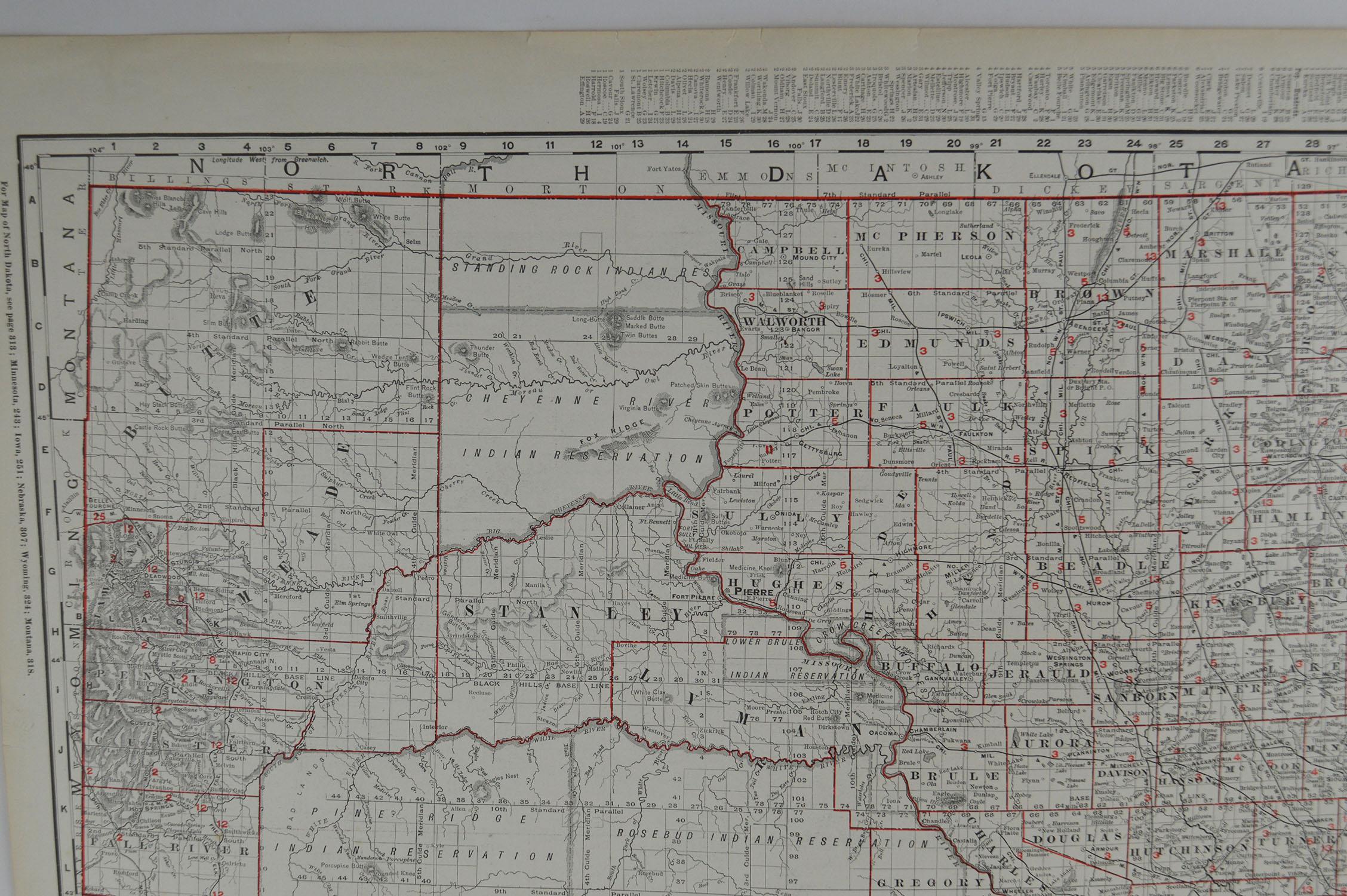 Edwardian Original Antique Map of South Dakota by Rand McNally, circa 1900