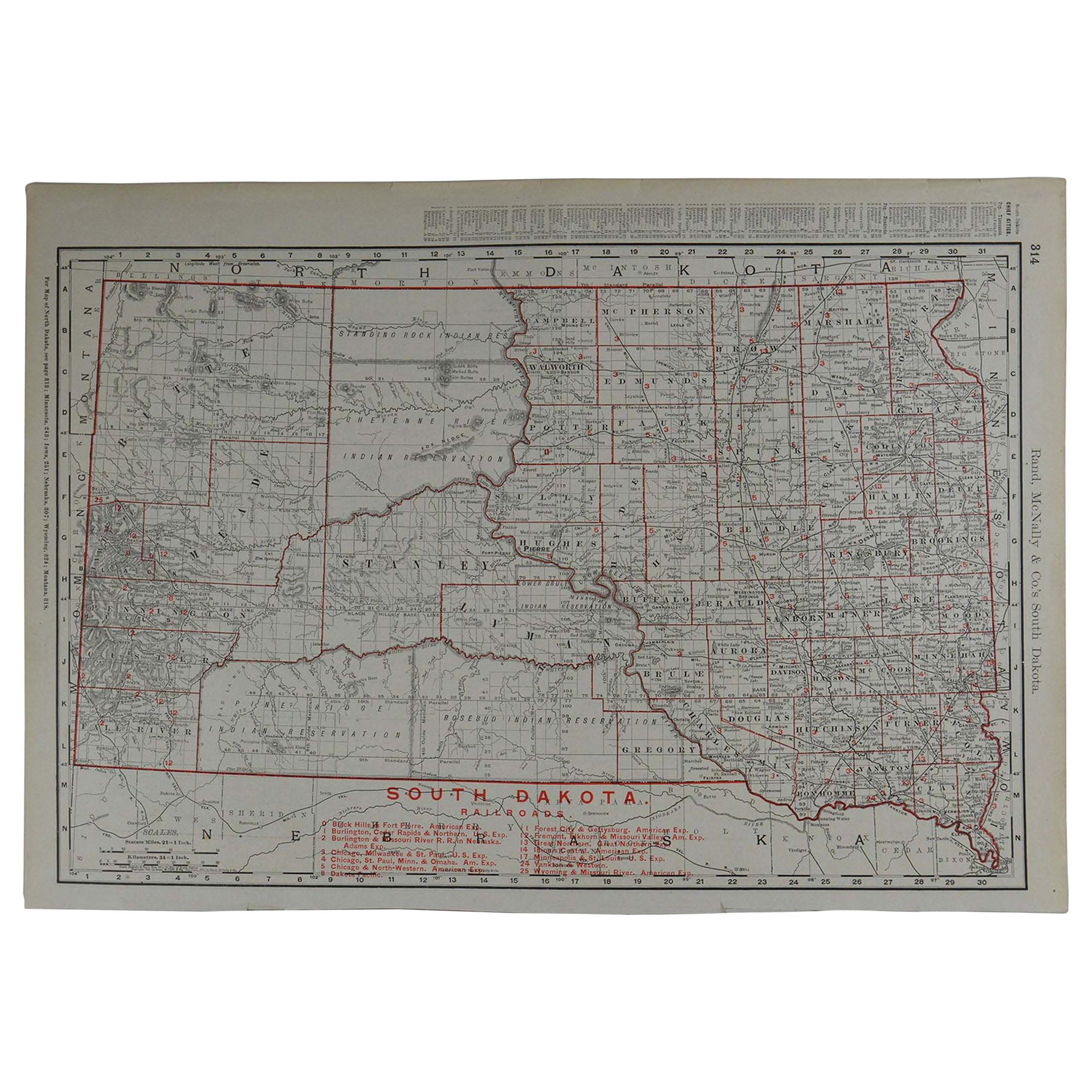 Original Antique Map of South Dakota by Rand McNally, circa 1900