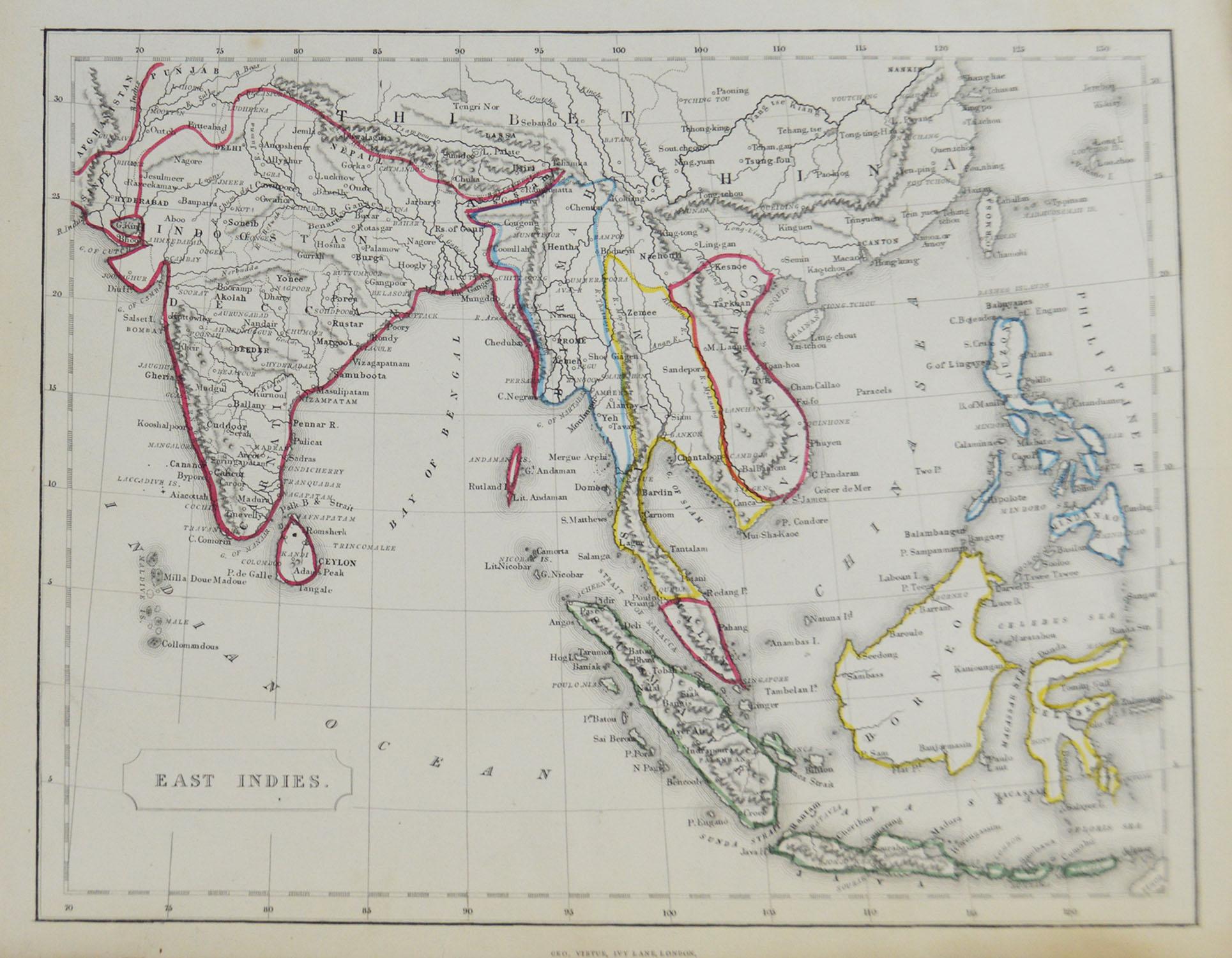 Great map of South East Asia

Steel engraving with original color outline

Engraved by Becker

Published by Virtue, circa 1840.

Unframed.



   