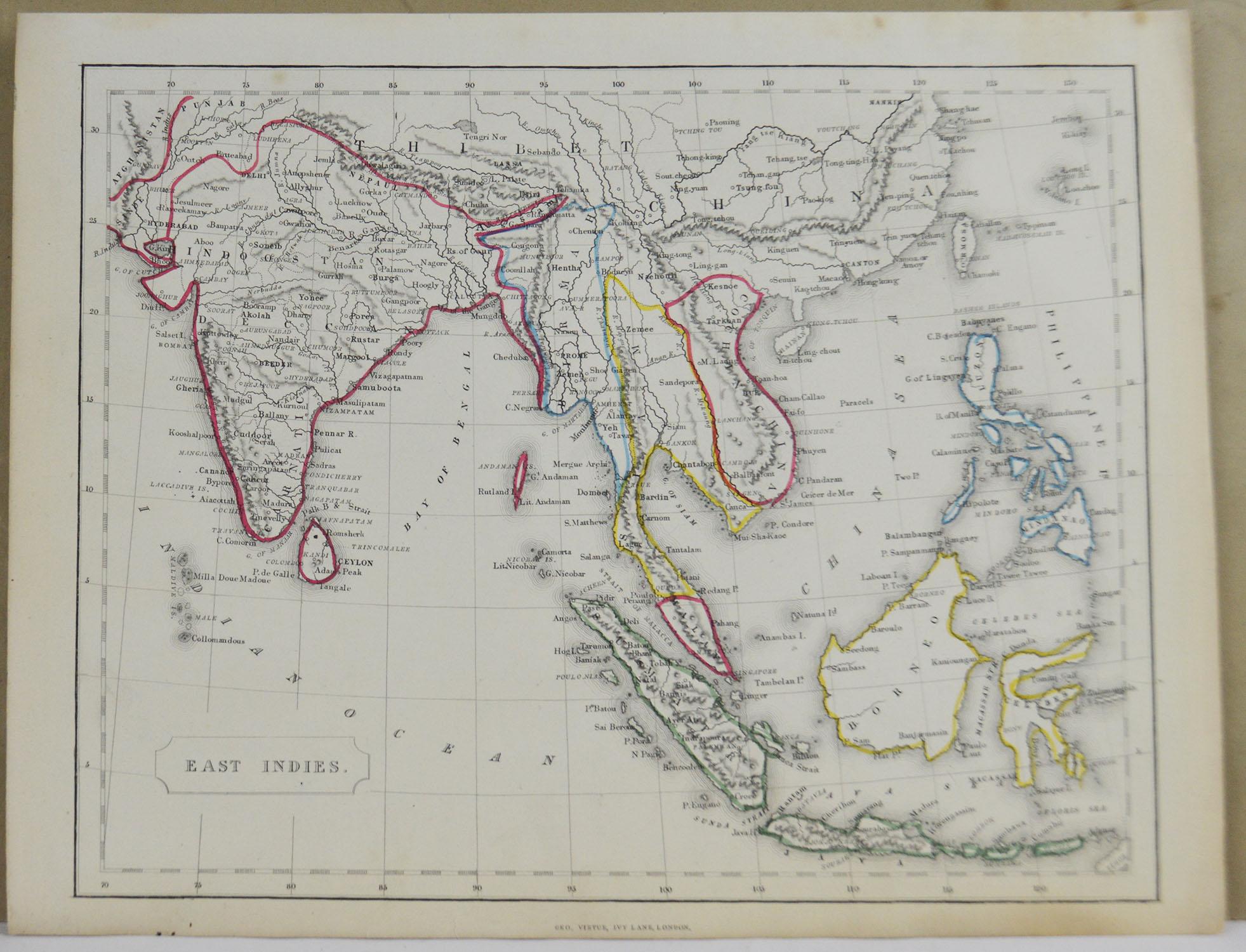 English Original Antique Map of South East Asia by Becker, circa 1840