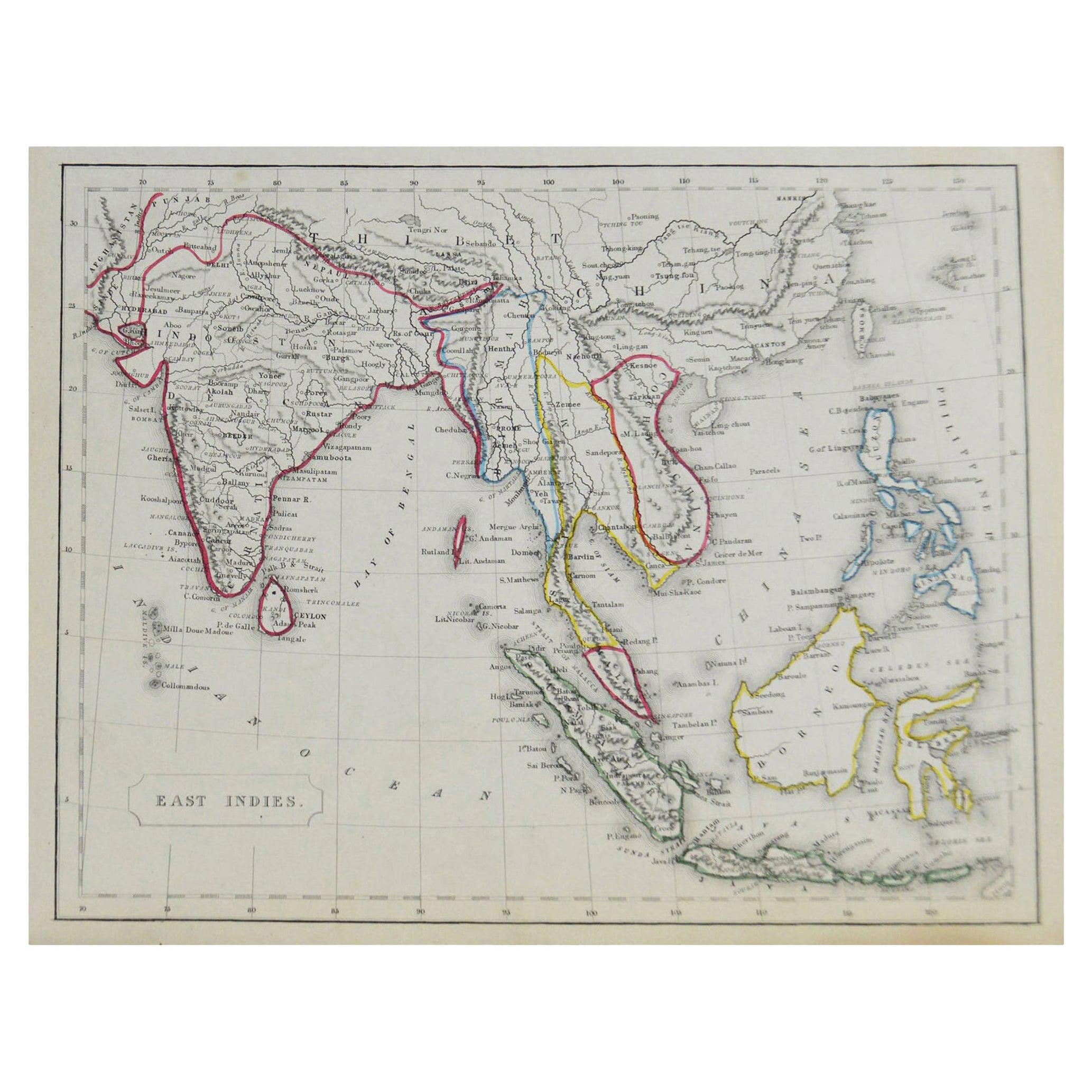 Original Antique Map of South East Asia by Becker, circa 1840 For Sale